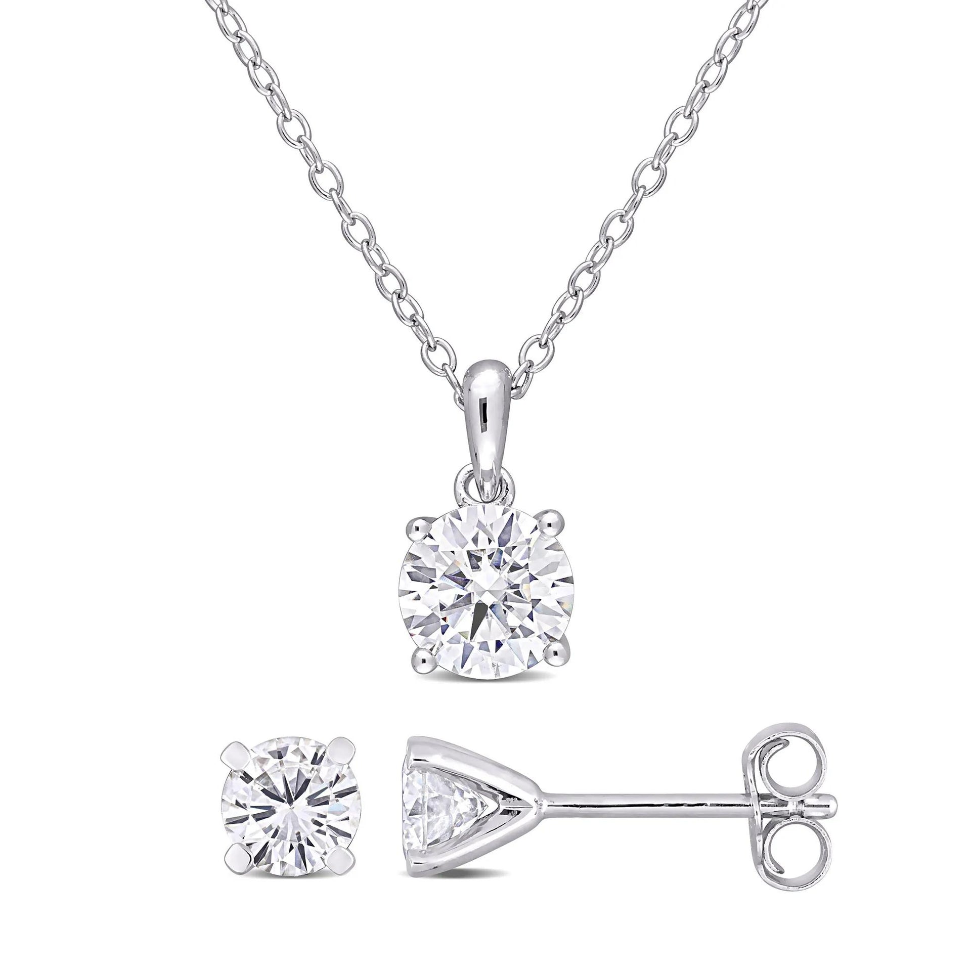 Lab-Created Moissanite Stud Earrings & Pendant Set .925 Sterling Silver (2 CT. Dew) White Size 18"