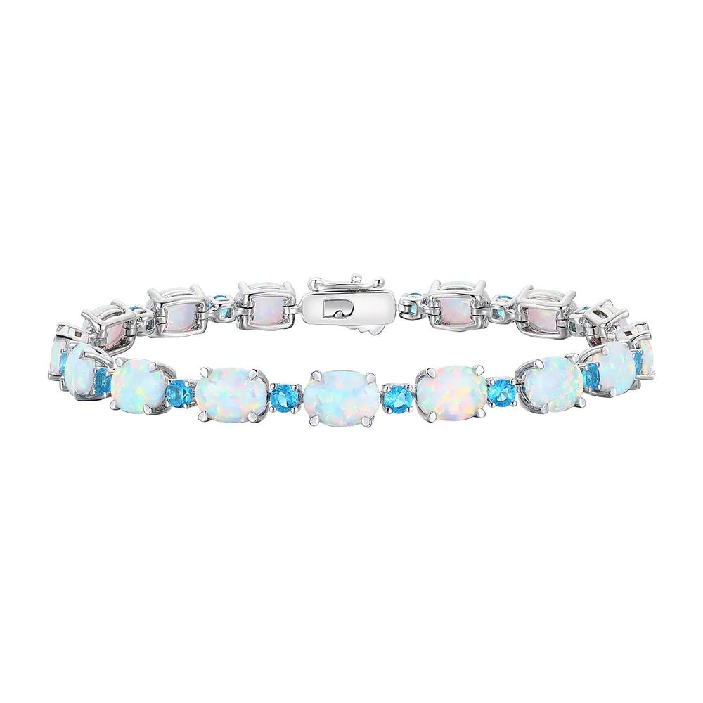 Lab-Created Opal and Lab-Created Blue Topaz Bracelet .925 Sterling Silver White Size 3.00mm
