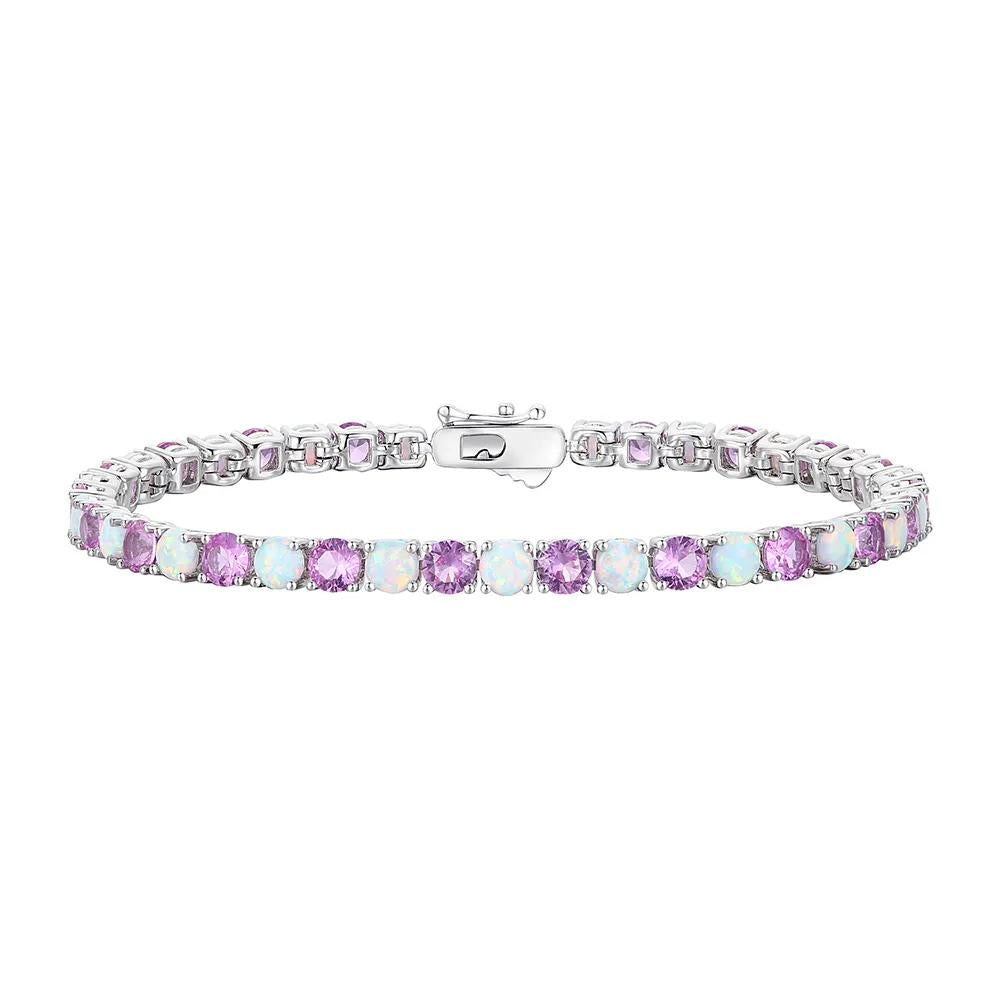Lab-Created Opal and Lab-Created Pink Sapphire Bracelet .925 Sterling Silver White Size 3.00mm