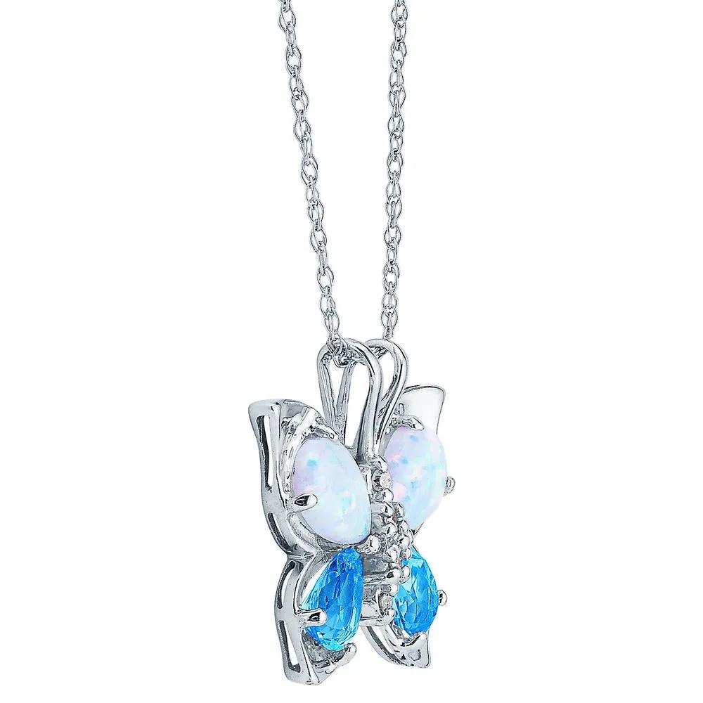 Lab Created Opal Blue Topaz & Diamond Butterfly Pendant Necklace 10K White Gold Size 18"
