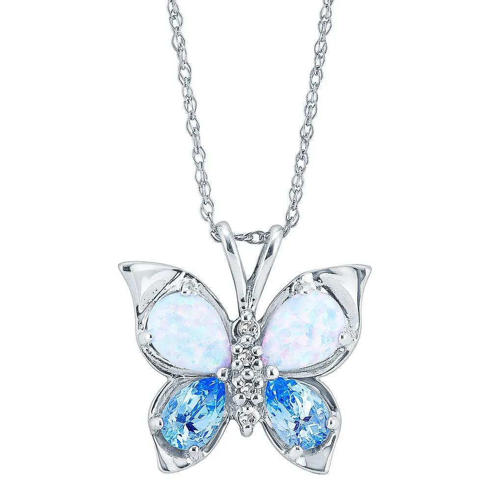 Lab Created Opal Blue Topaz & Diamond Butterfly Pendant Necklace 10K White Gold Size 18"