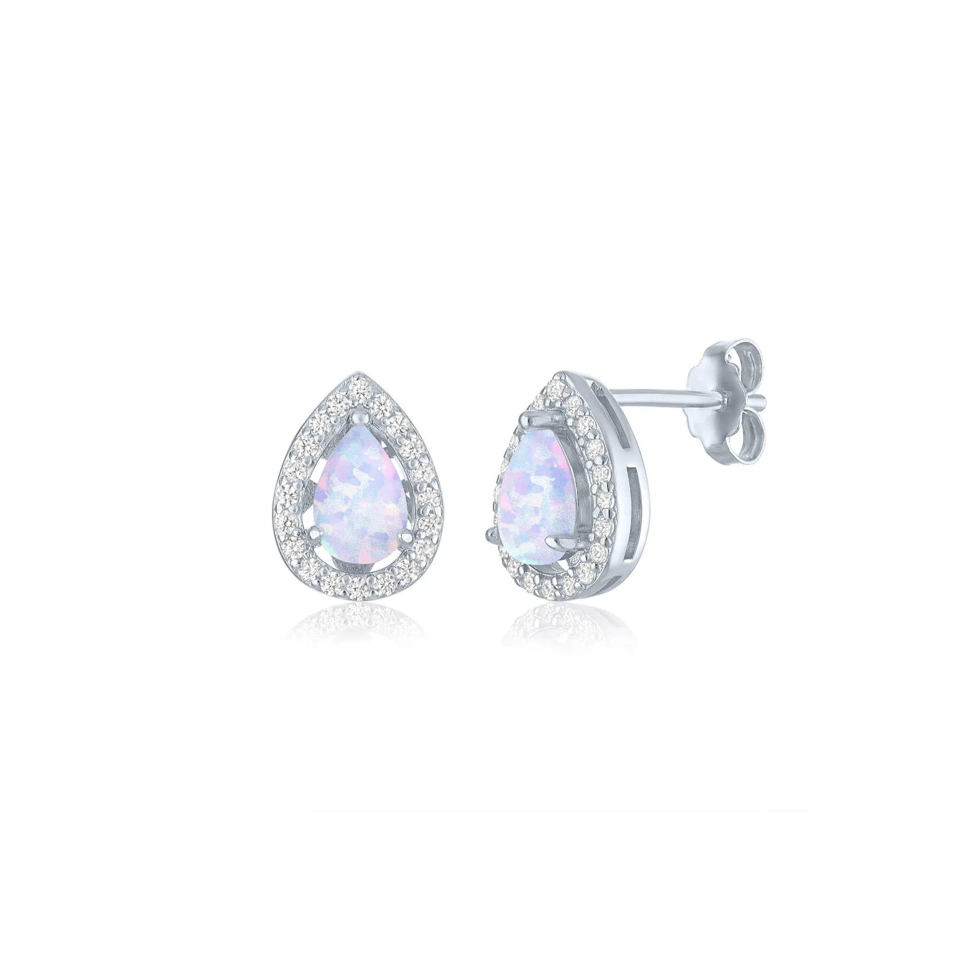 1/5 CT. Tw. Lab-Created Pear-Shaped Opal & Diamond Halo Stud Earrings .925 Sterling Silver White Size 8.00mm