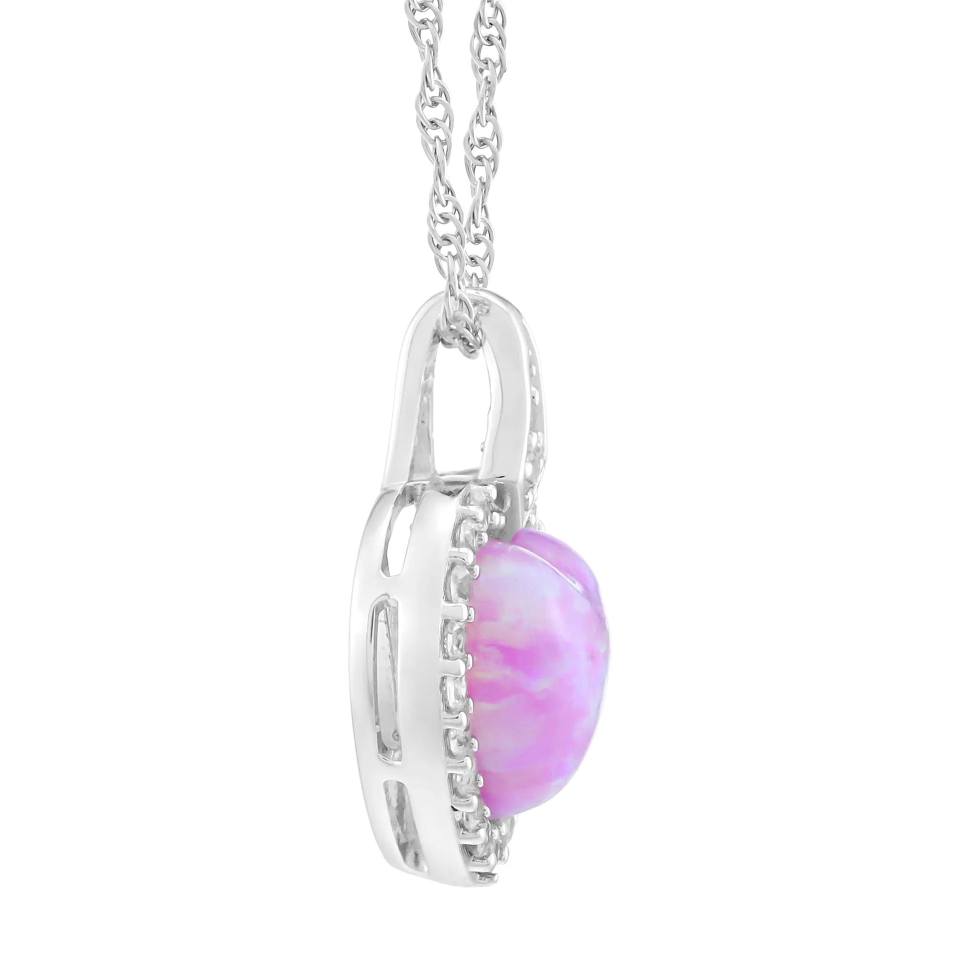 Lab-Created Pink Opal & Lab-Created White Sapphire Halo Heart Pendant Necklace .925 Sterling Silver Size 18"