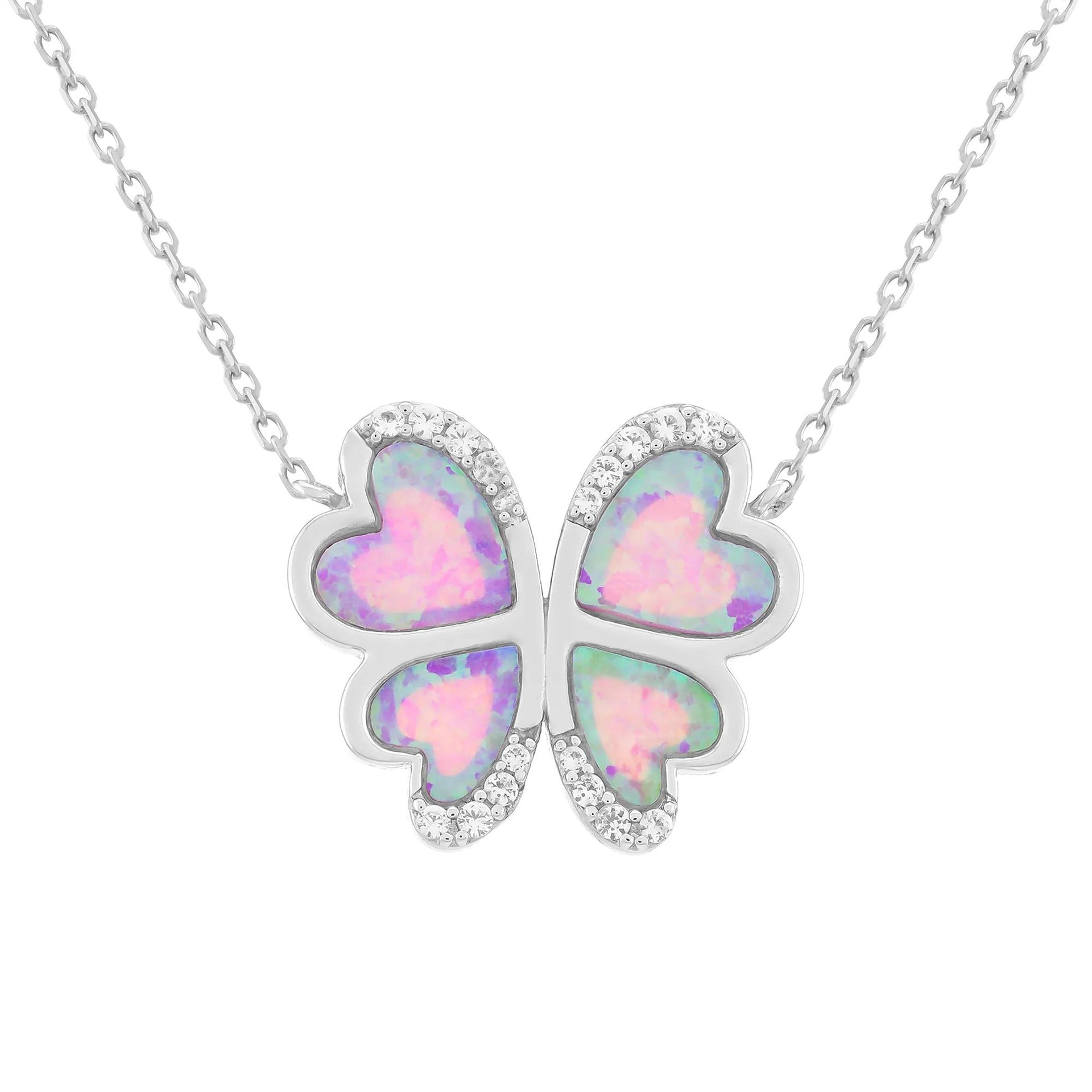 Lab-Created Pink Opal & White Sapphire Butterfly Necklace .925 Sterling Silver Size 18"