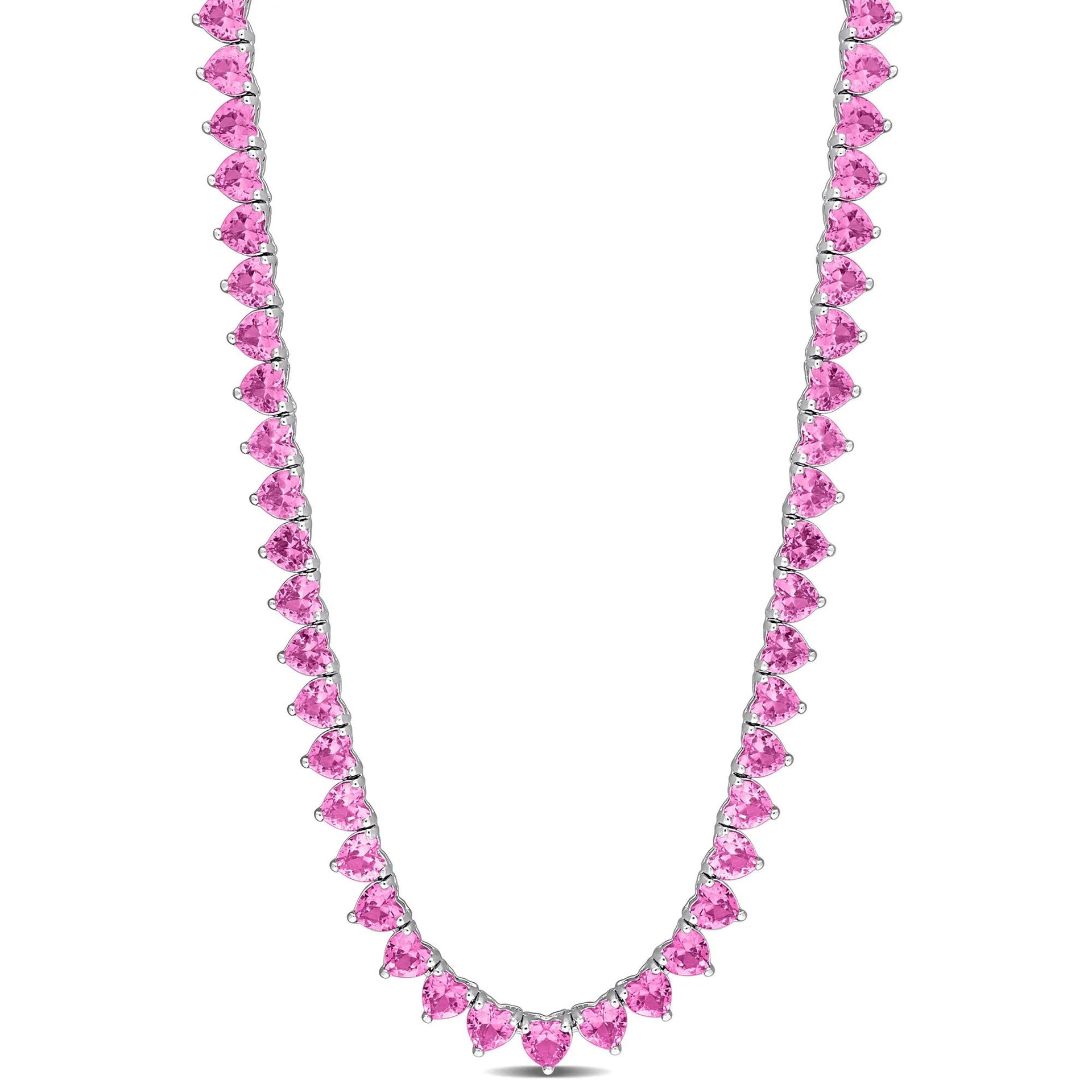 Lab Created Pink Sapphire Heart-Shaped Tennis Necklace White Size 18"