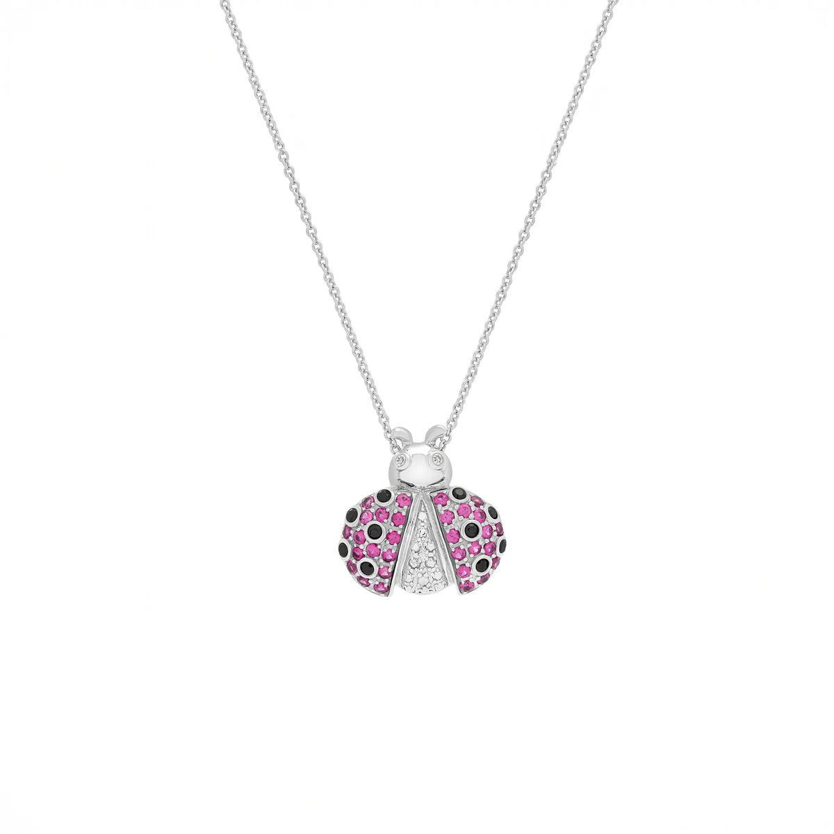 Lab-Created Ruby and Diamond Accent Ladybug Pendant Necklace .925 Sterling Silver White Size 18"