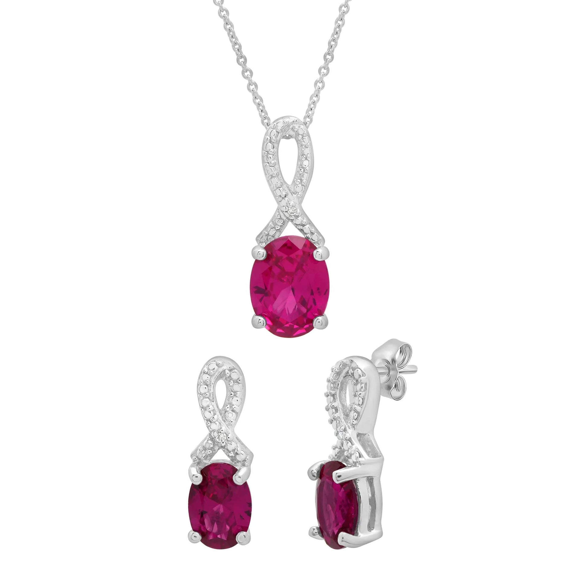 Lab-Created Ruby and Diamond Accent Pendant Necklace & Earrings Boxed Set .925 Sterling Silver White Size 18"