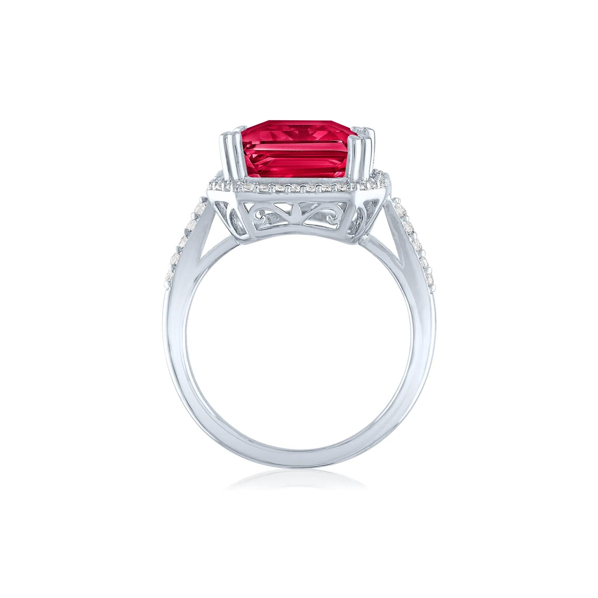 Lab-Created Ruby and Lab-Created White Sapphire Halo Cocktail Ring .925 Sterling Silver Size 9 1mm