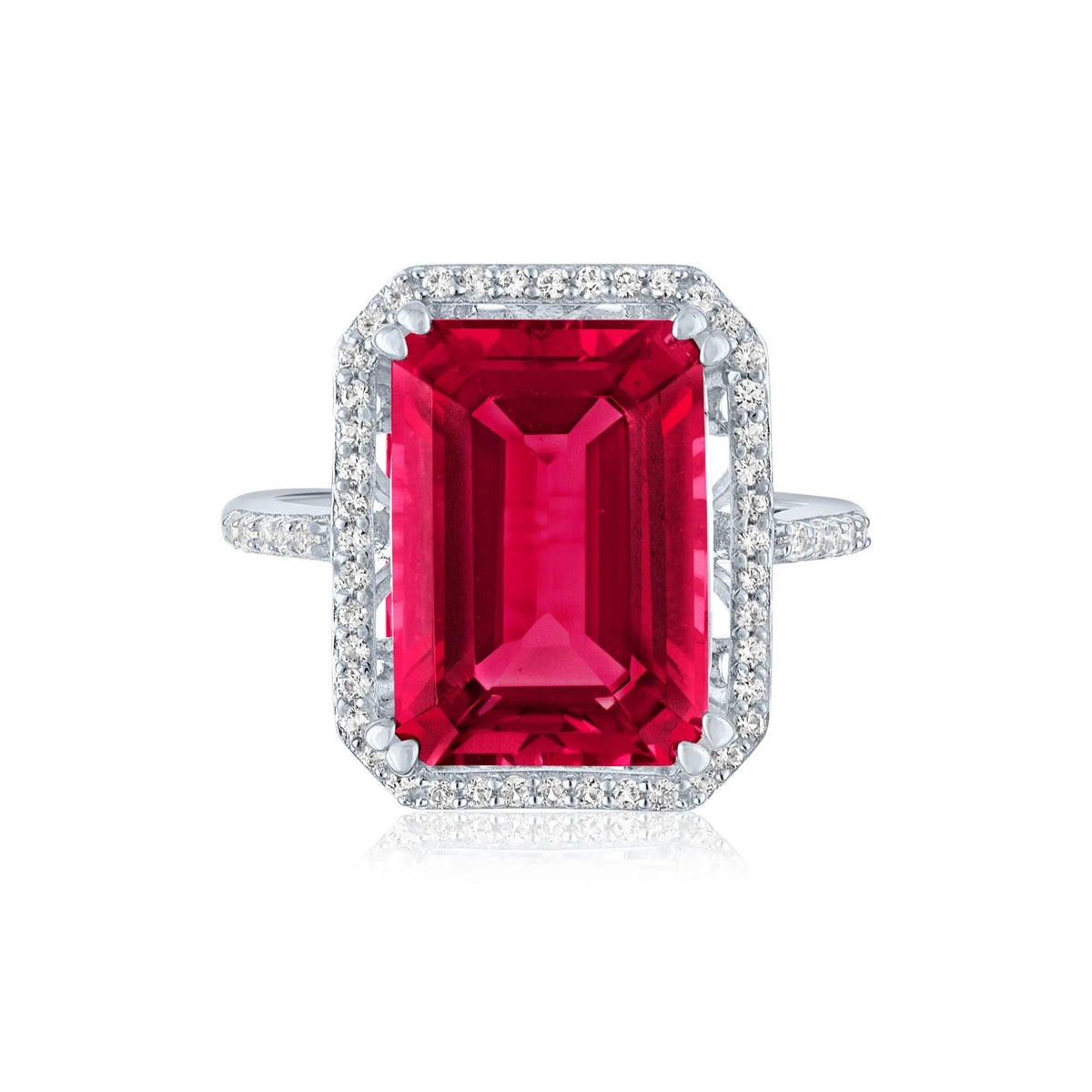 Lab-Created Ruby and Lab-Created White Sapphire Halo Cocktail Ring .925 Sterling Silver Size 6.5 1mm