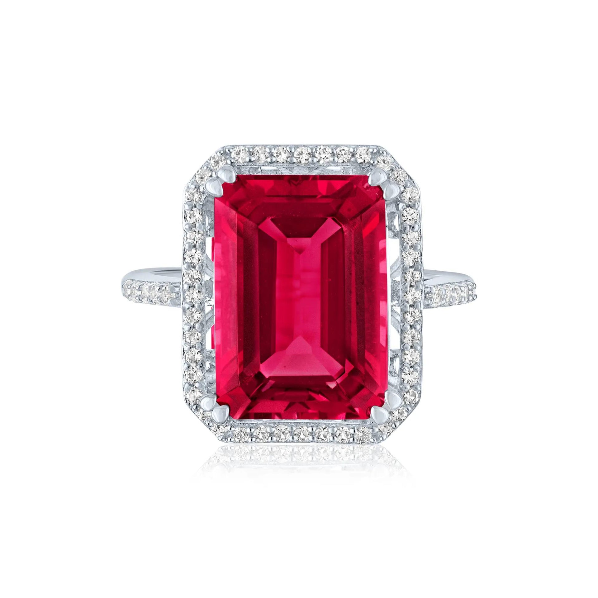 Lab-Created Ruby and Lab-Created White Sapphire Halo Cocktail Ring .925 Sterling Silver Size 9 1mm