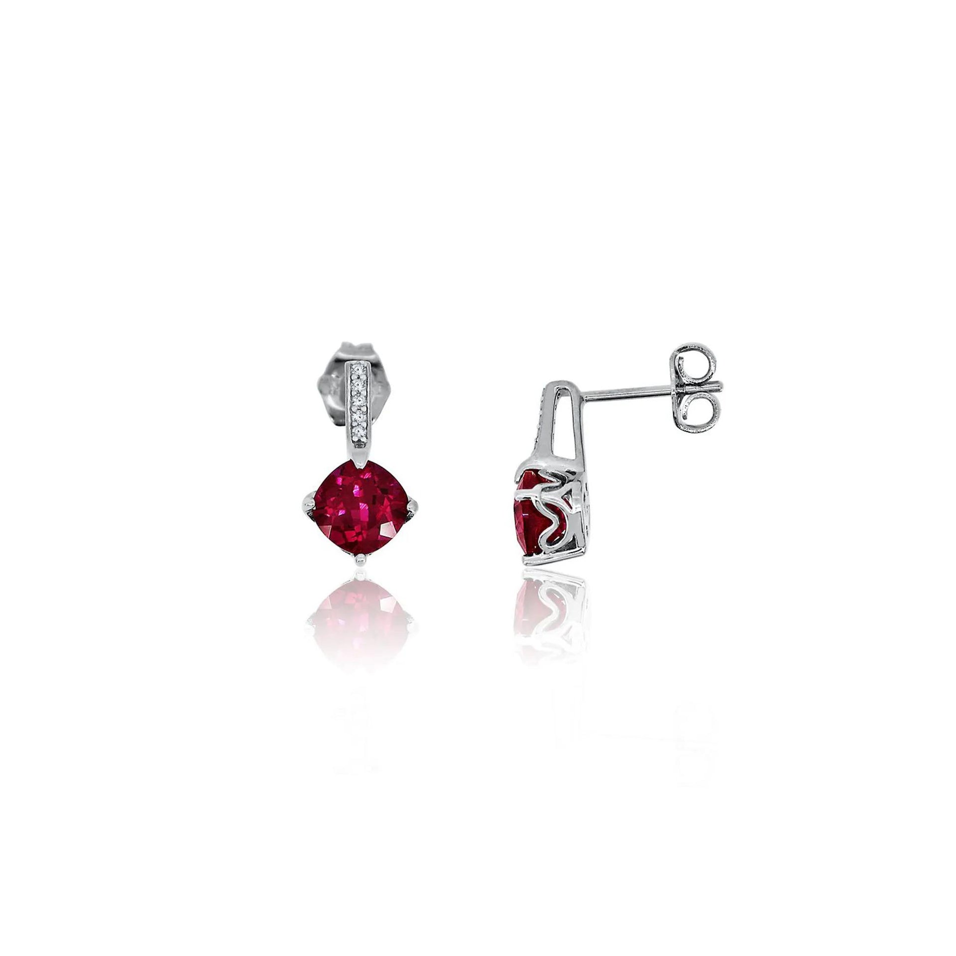 Lab Created Ruby & White Sapphire Earrings .925 Sterling Silver Size 7.00mm