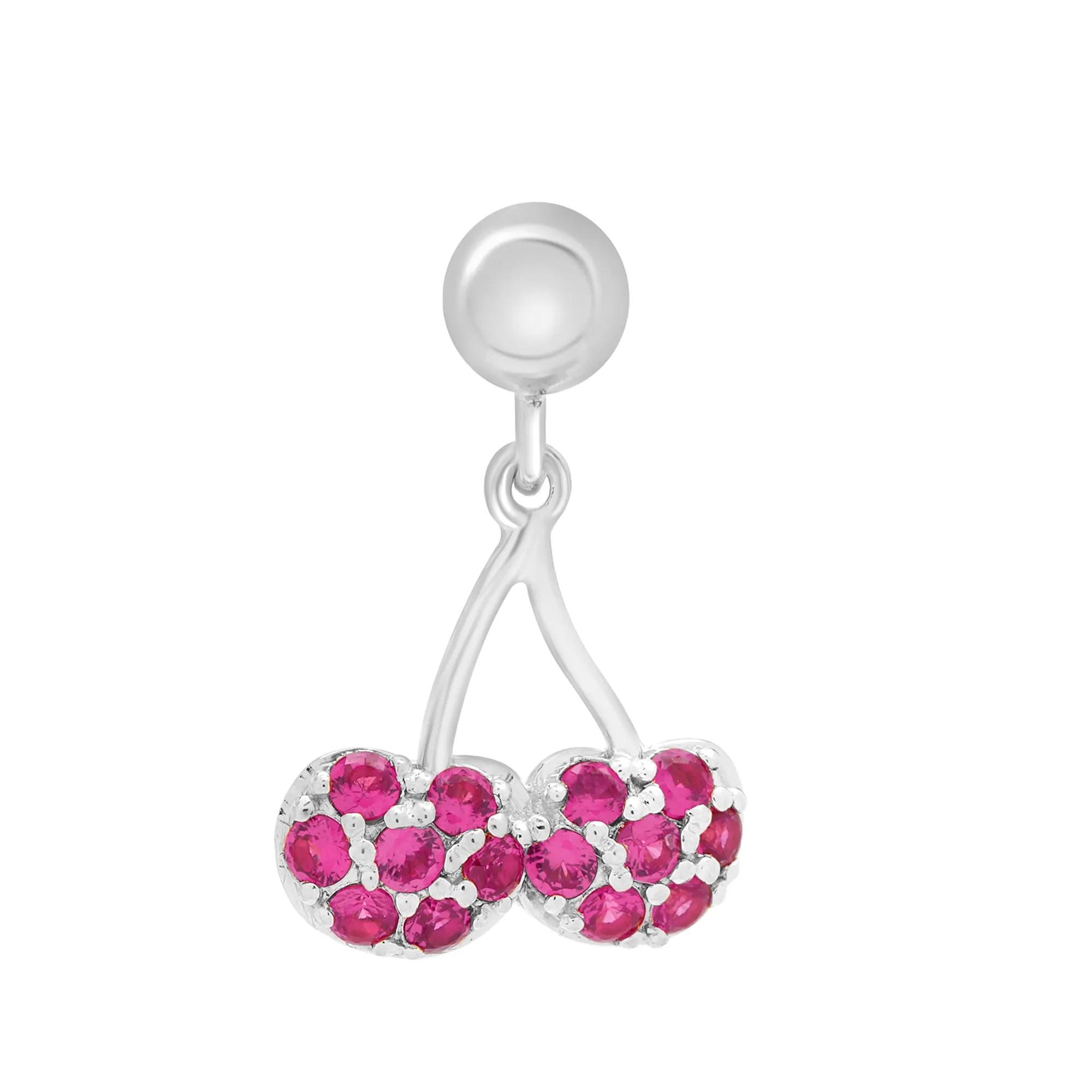 Lab-Created Ruby Cherry Bead Charm .925 Sterling Silver White Size 15.50mm