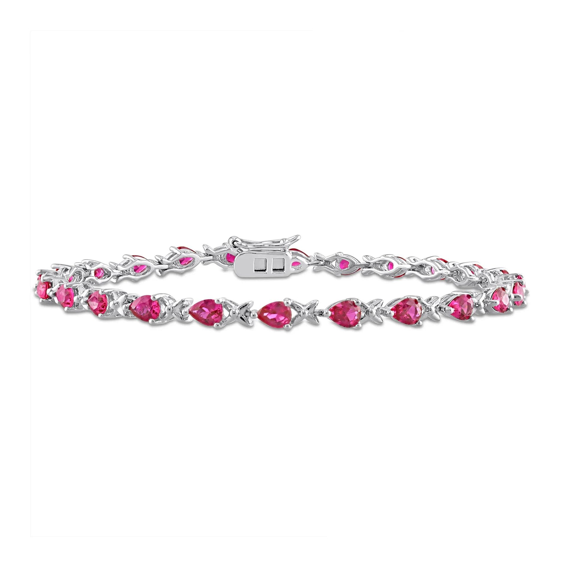 Lab-Created Ruby Link Bracelet .925 Sterling Silver 7" White Size 3.50mm