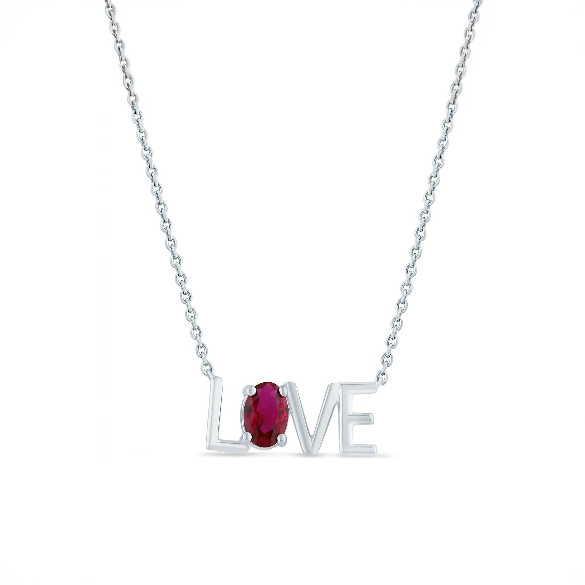 Lab-Created Ruby Love Necklace .925 Sterling Silver White Size 17.75"
