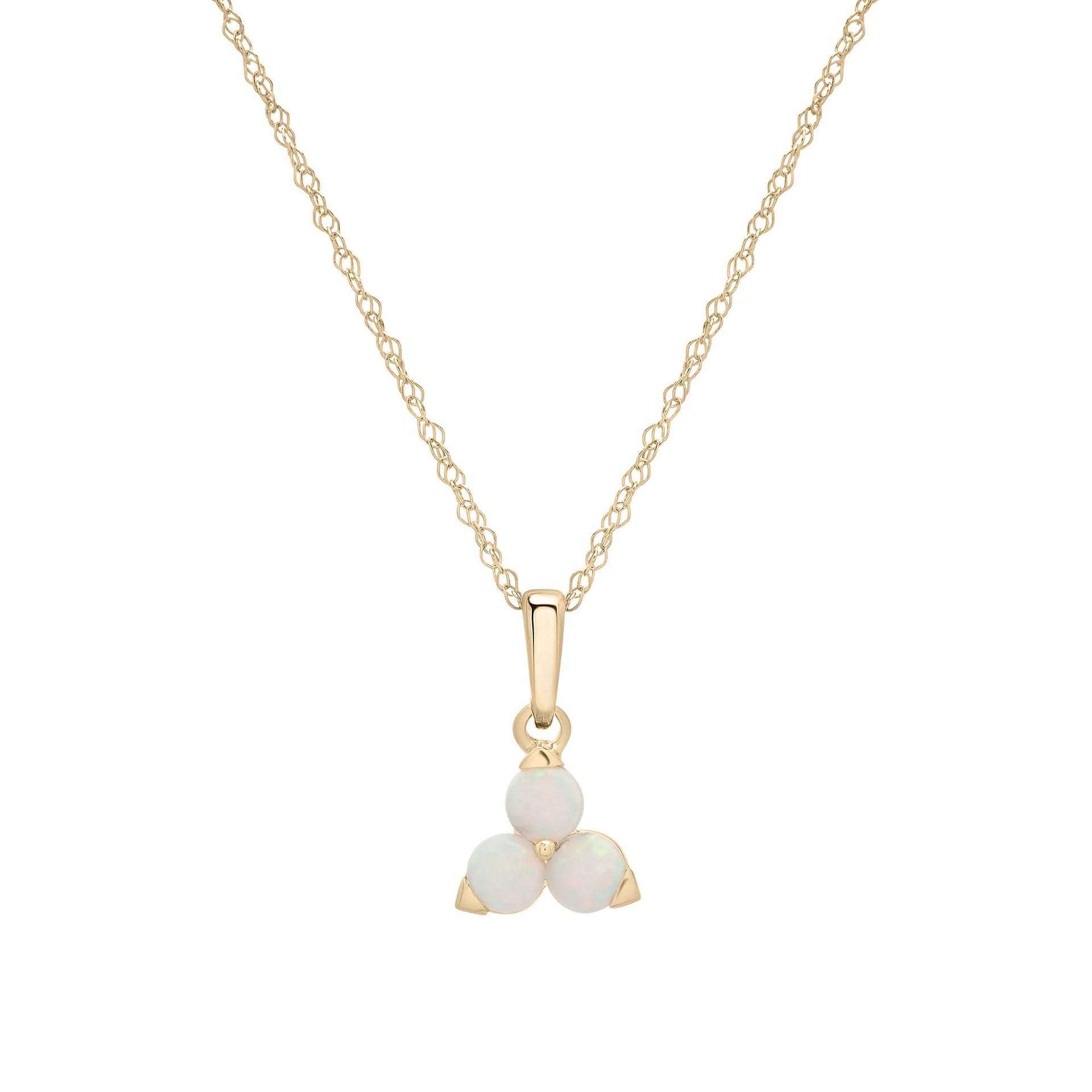 Lab-Created Opal Three-Stone Triangle Birthstone Pendant Necklace 10K Yellow Gold Size 18"