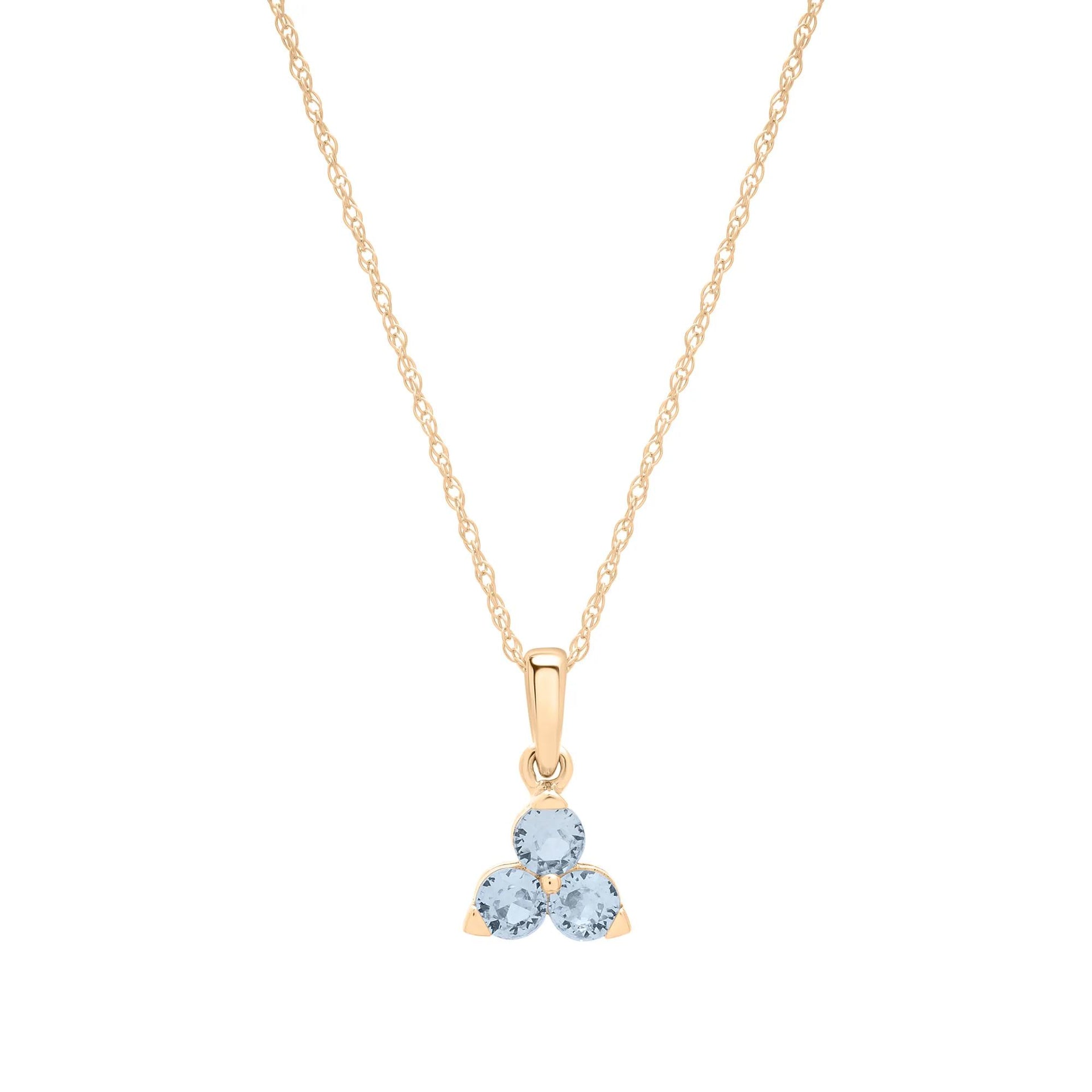 Lab-Created Aquamarine Three-Stone Triangle Birthstone Pendant Necklace 10K Yellow Gold Size 18"