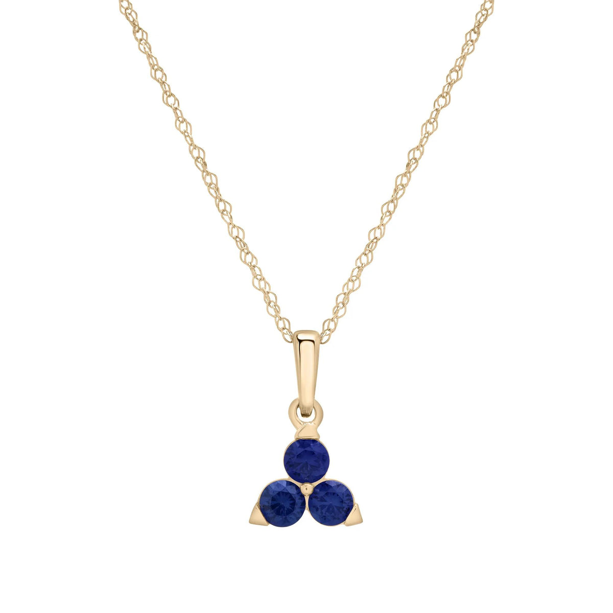Lab-Created Blue Sapphire Three-Stone Triangle Birthstone Pendant Necklace 10K Yellow Gold Size 18"