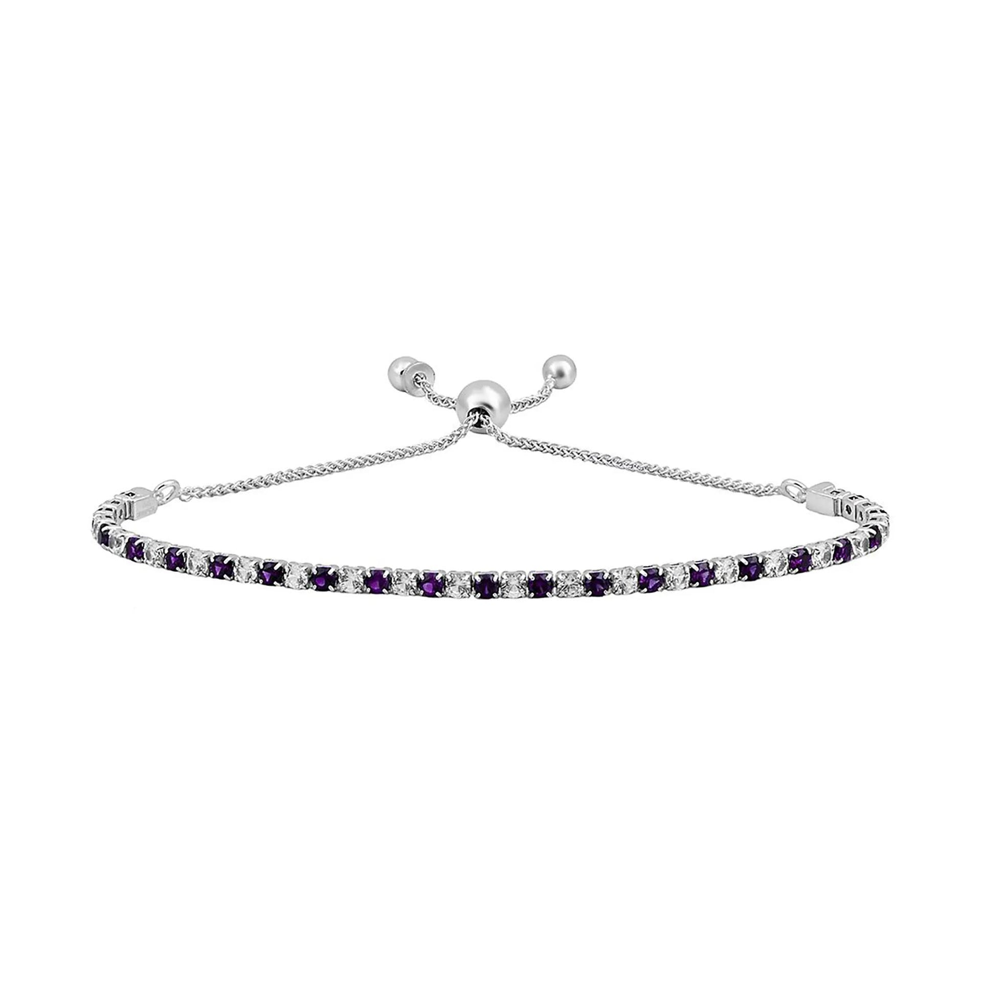 Amethyst & Lab Created White Sapphire Bolo Bracelet .925 Sterling Silver Size 9.5"