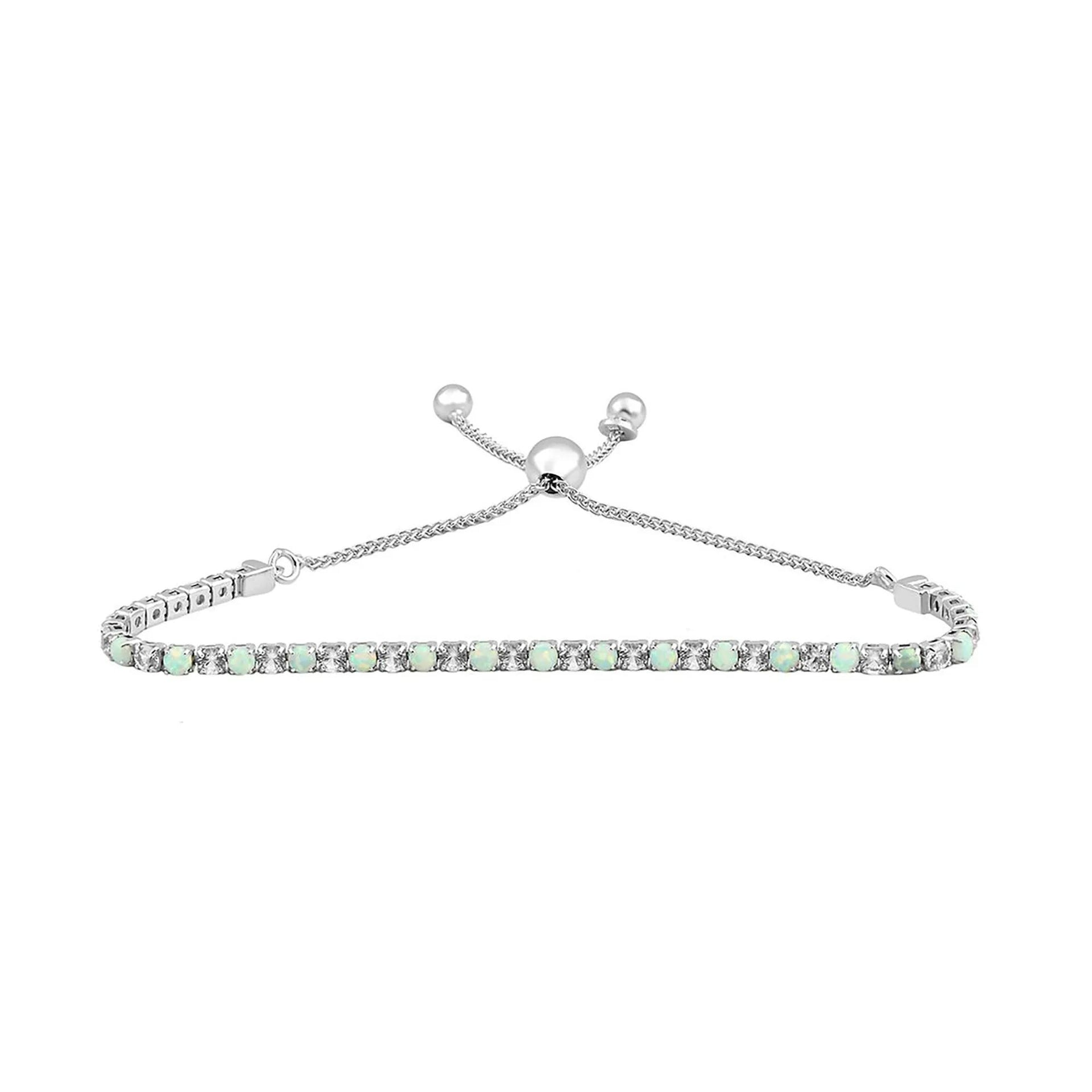 Lab Created Opal & White Sapphire Bolo Bracelet .925 Sterling Silver Size 9.5"