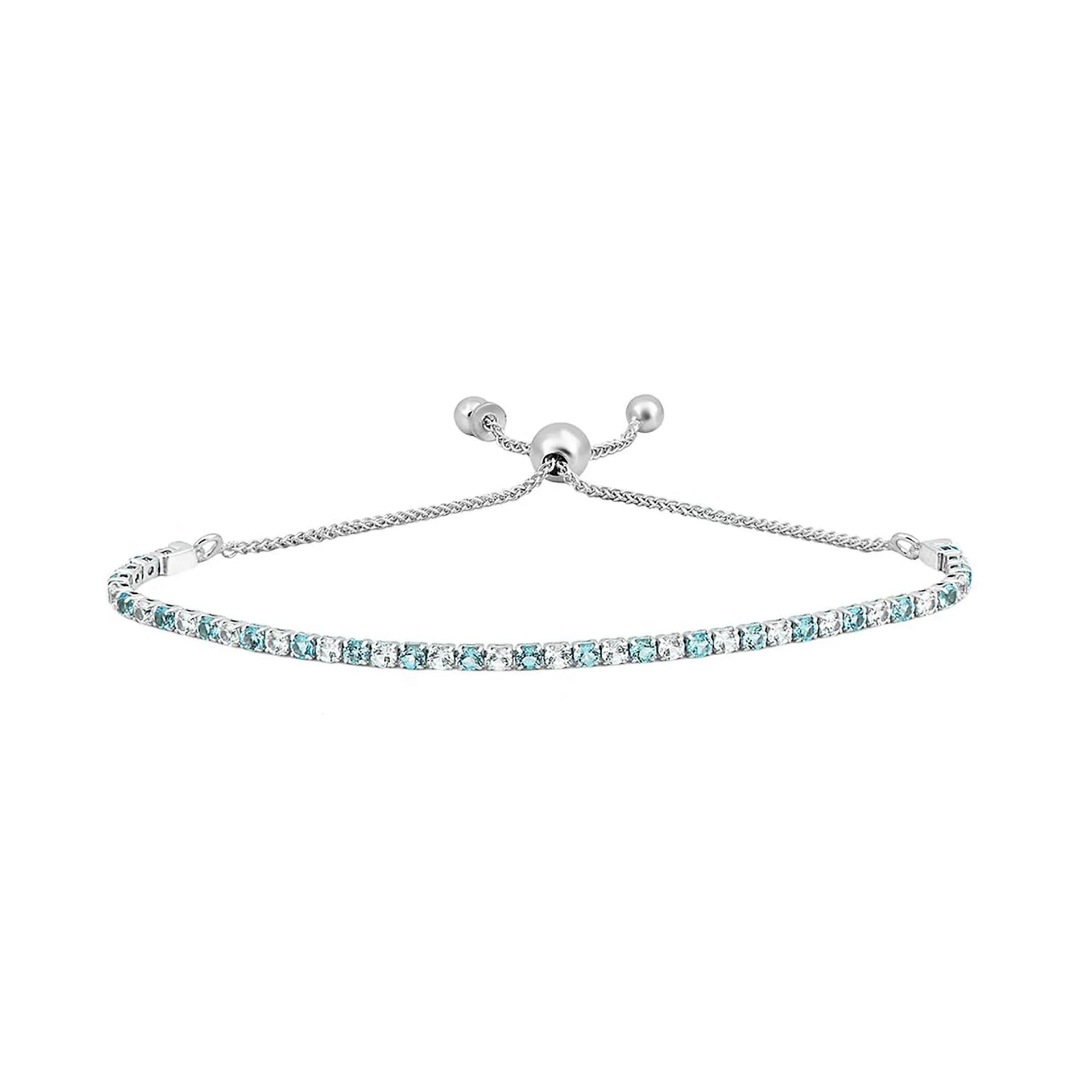 Blue Topaz & Lab Created White Sapphire Bolo Bracelet .925 Sterling Silver Size 9.5"