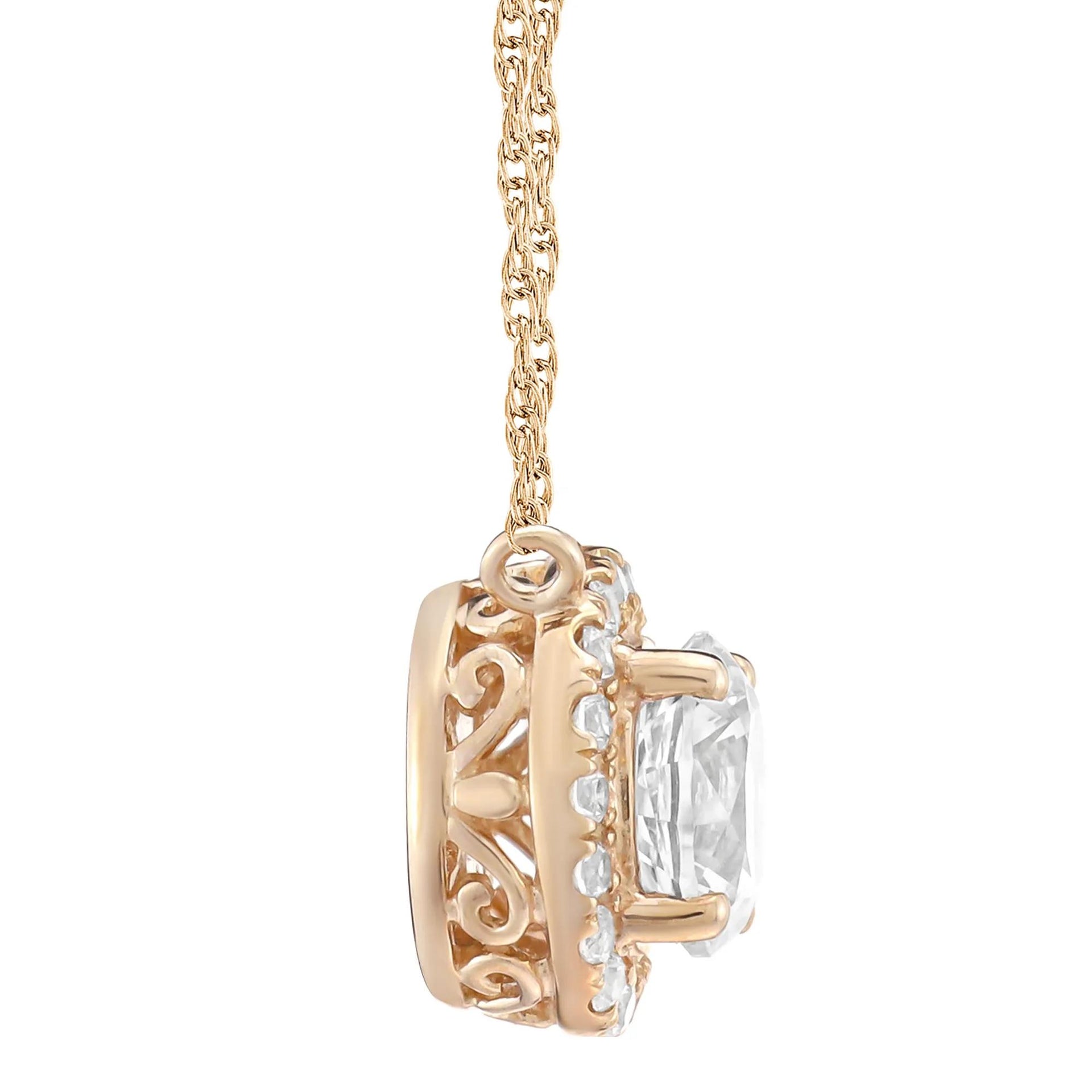 Lab-Created White Sapphire Halo Pendant Necklace 10K Rose Gold Size 17.25"