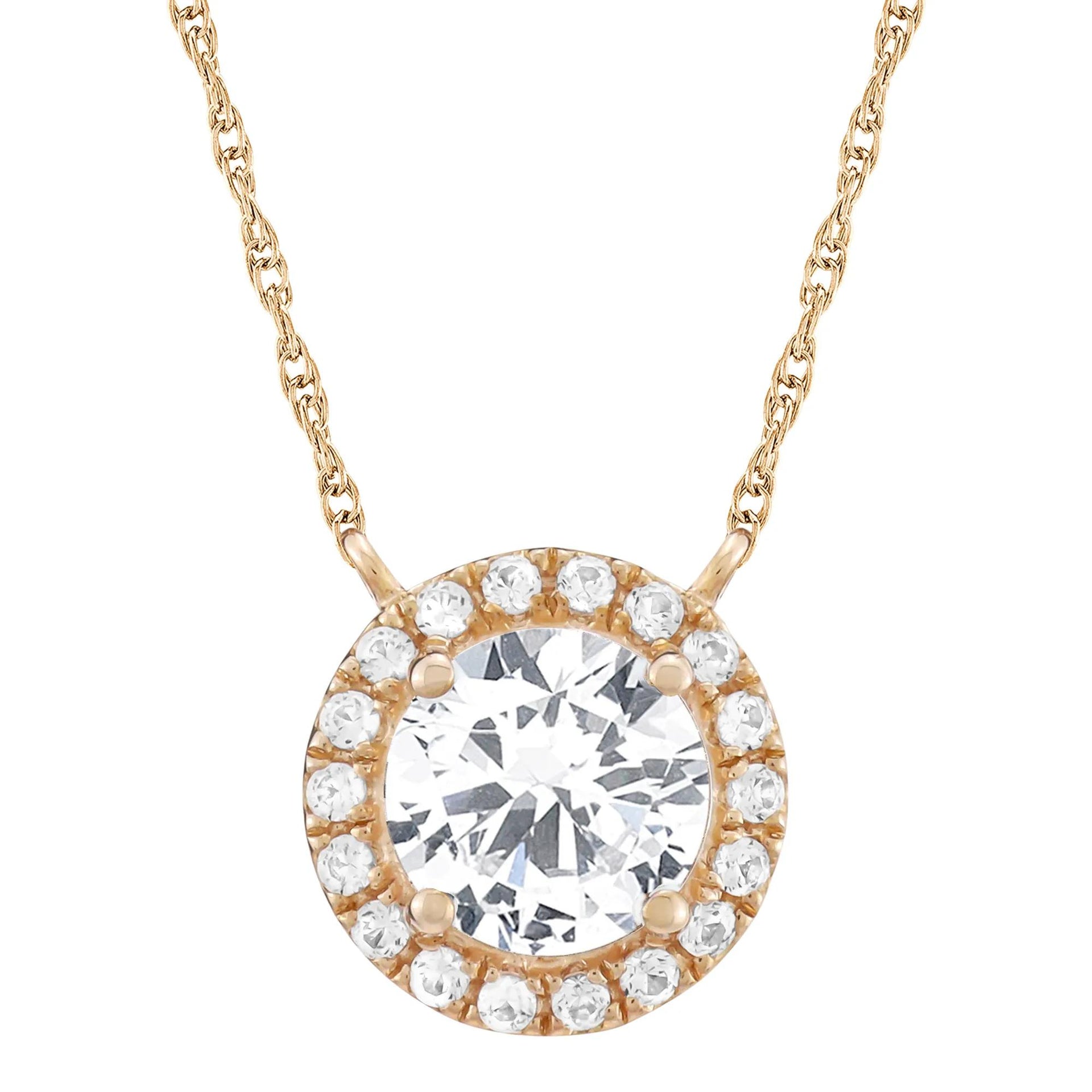 Lab-Created White Sapphire Halo Pendant Necklace 10K Rose Gold Size 17.25"