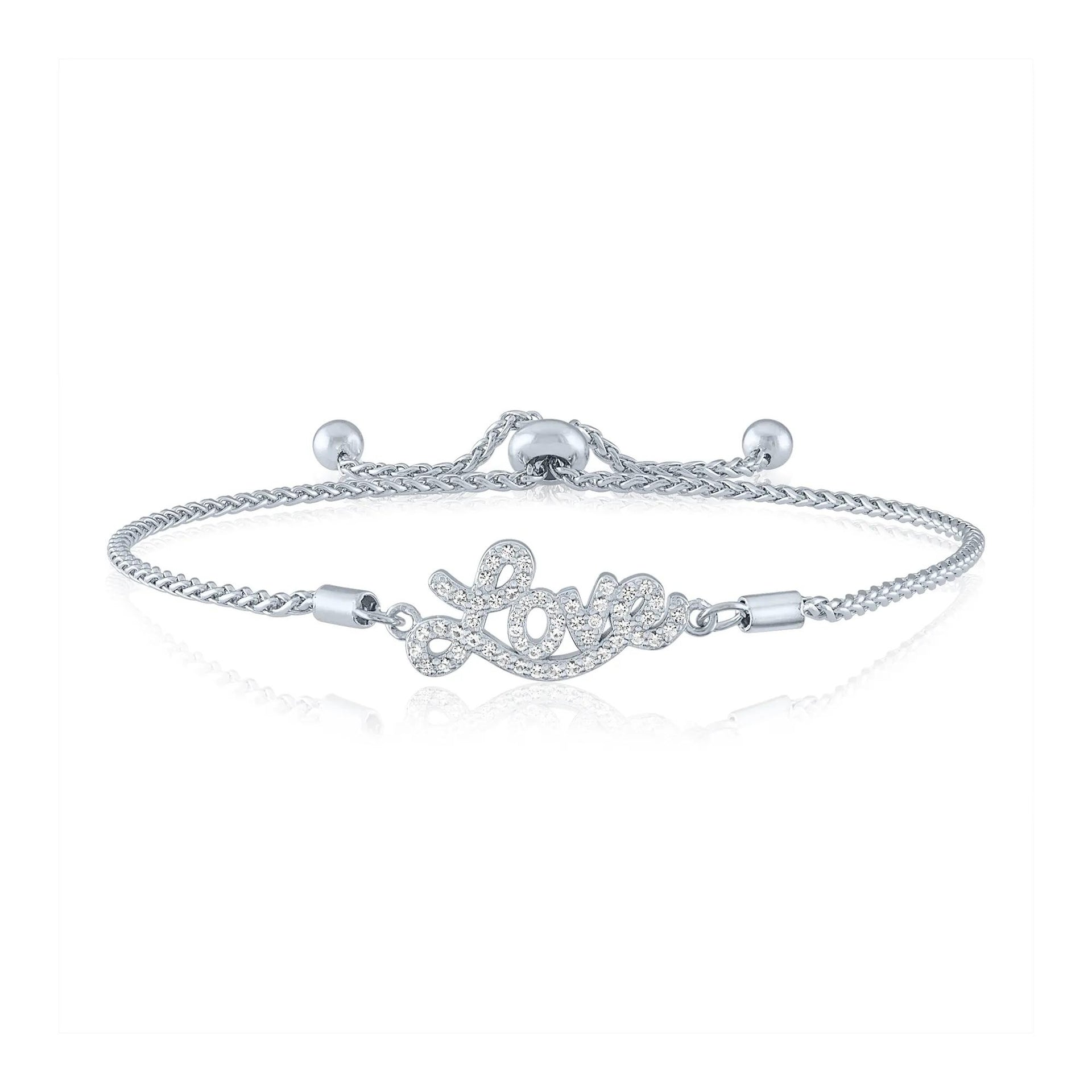 Lab-Created White Sapphire "love" Bolo Bracelet .925 Sterling Silver Size 22.00mm