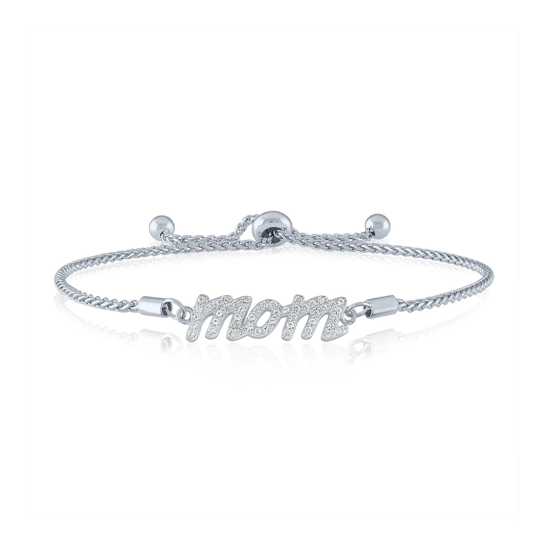 Lab-Created White Sapphire "mom" Bolo Bracelet .925 Sterling Silver Size 23.00mm