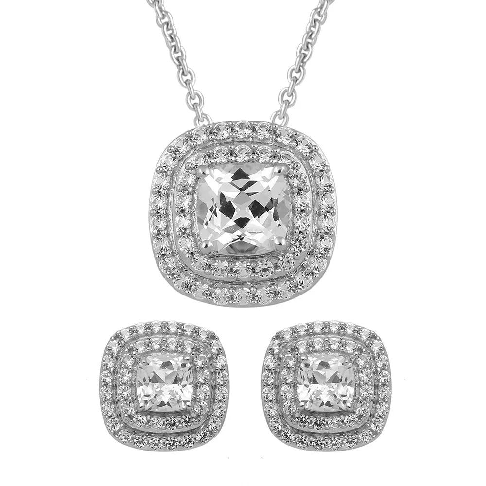 Lab Created White Sapphire Pendant Necklace & Earrings Set .925 Sterling Silver Size 18"
