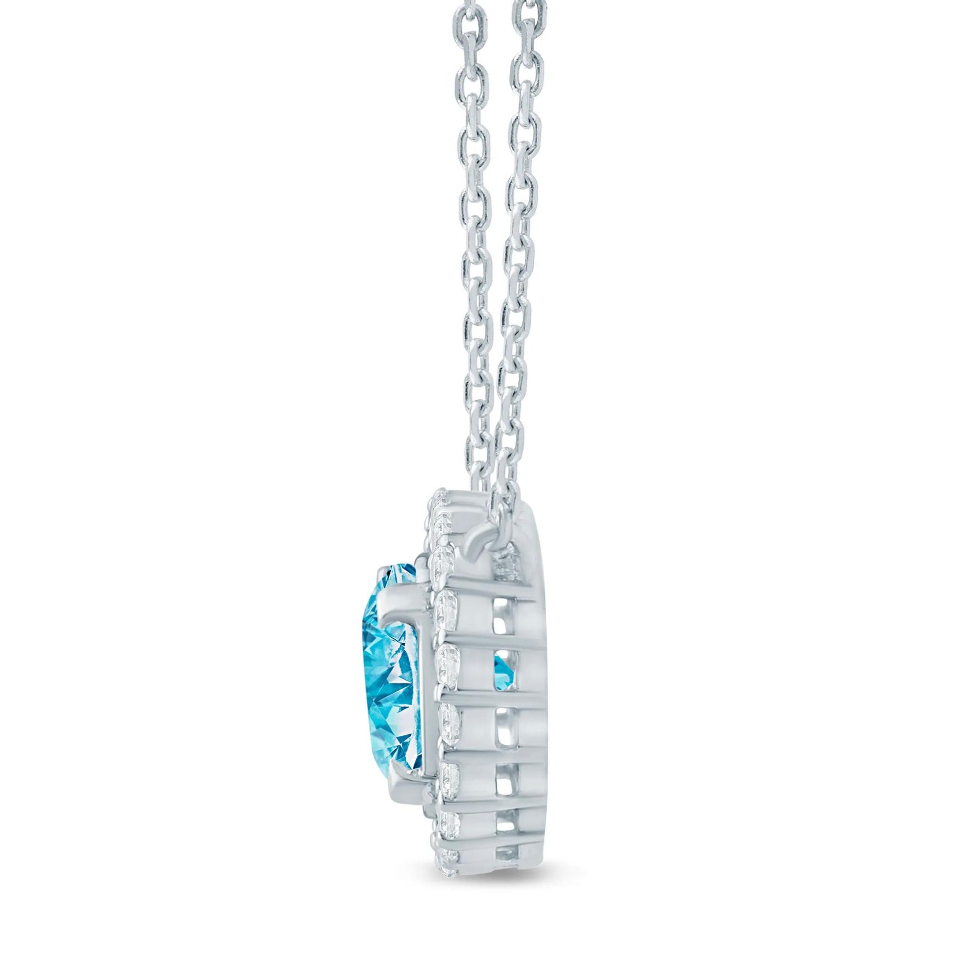 1/7 CT. Tw. Lab Grown Blue and White Diamond Halo Pendant Necklace 14K White Gold Size 17"