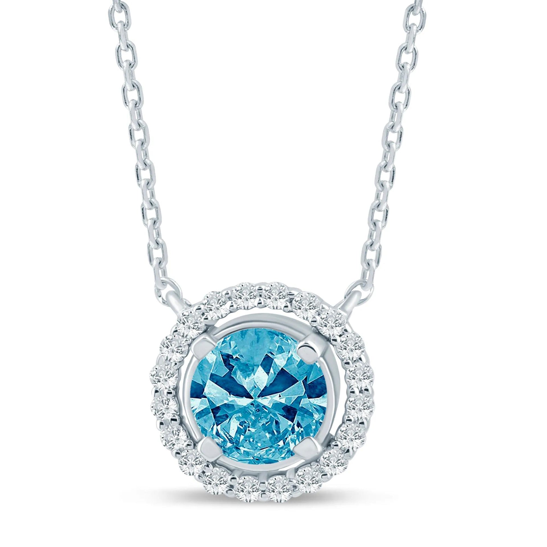 1/7 CT. Tw. Lab Grown Blue and White Diamond Halo Pendant Necklace 14K White Gold Size 17"