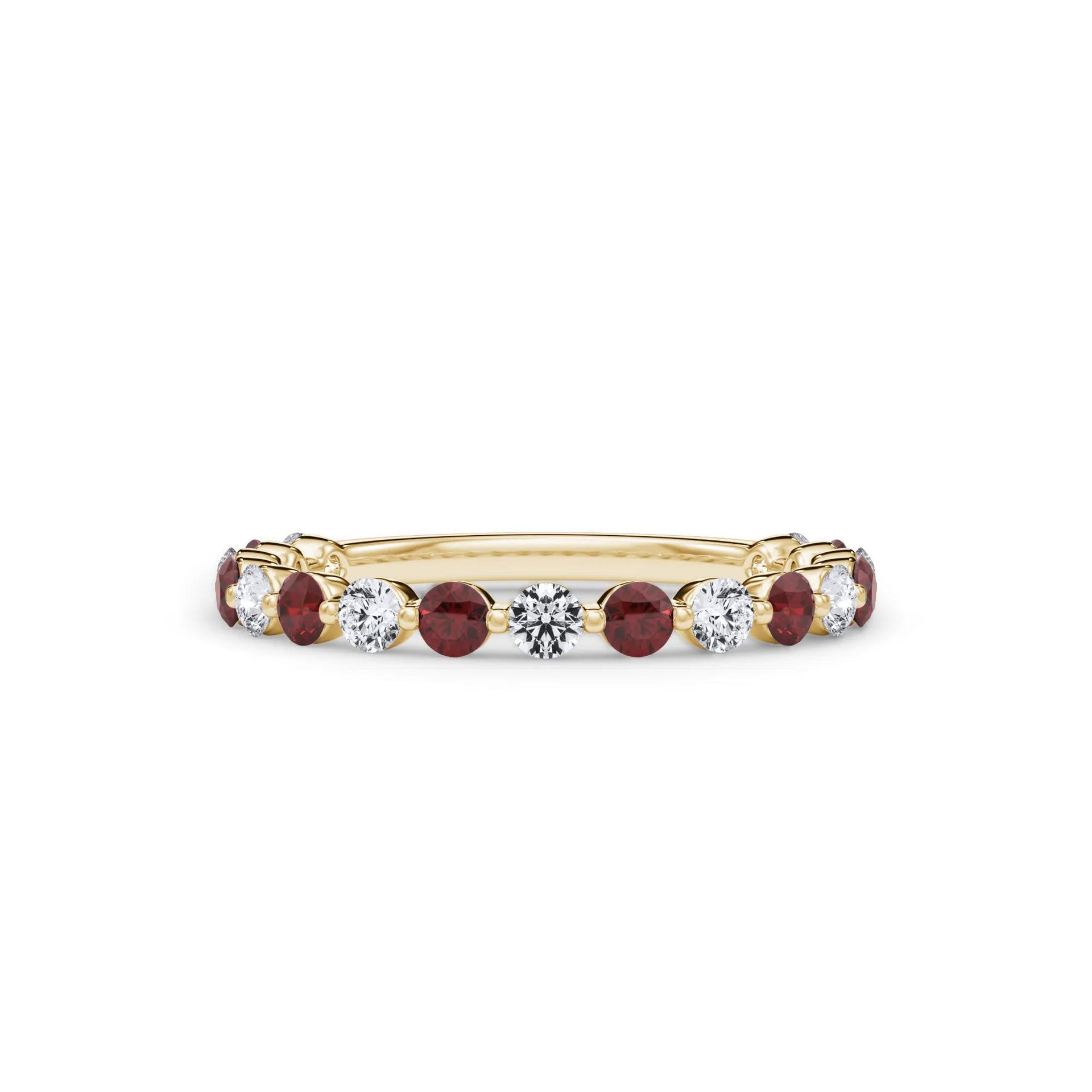 1/3 CT. Tw. Lab Grown Diamond & Lab-Created Ruby Half Eternity Anniversary Band Ring 14K Yellow Gold Size 8 3mm