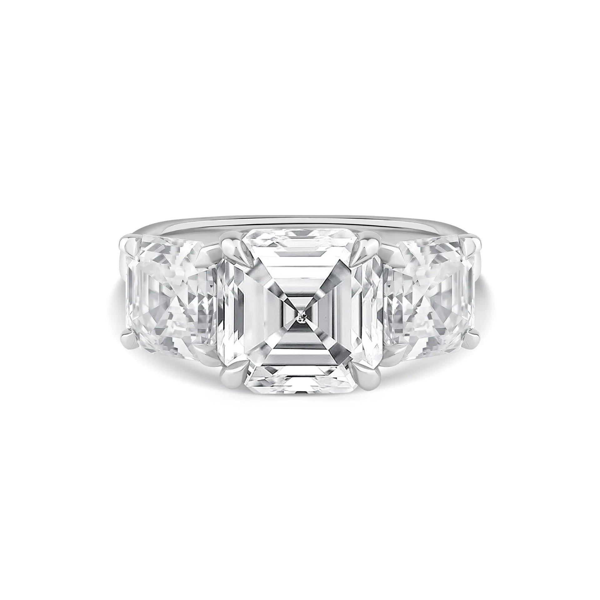 7 CT. Tw. Lab Grown Diamond Asscher-Cut Three Stone Engagement Ring Platinum White Size 9 2.5mm