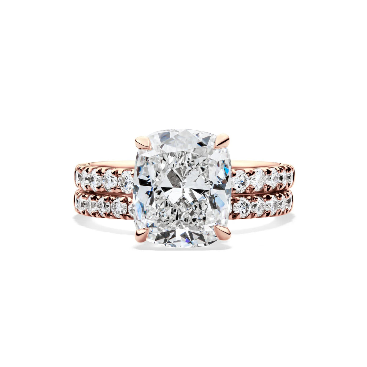 5 CT. Tw. Lab Grown Diamond Elongated Cushion-Cut Bridal Set 14K Rose Gold Ring Round Brilliant Cut Size 6.5 2mm