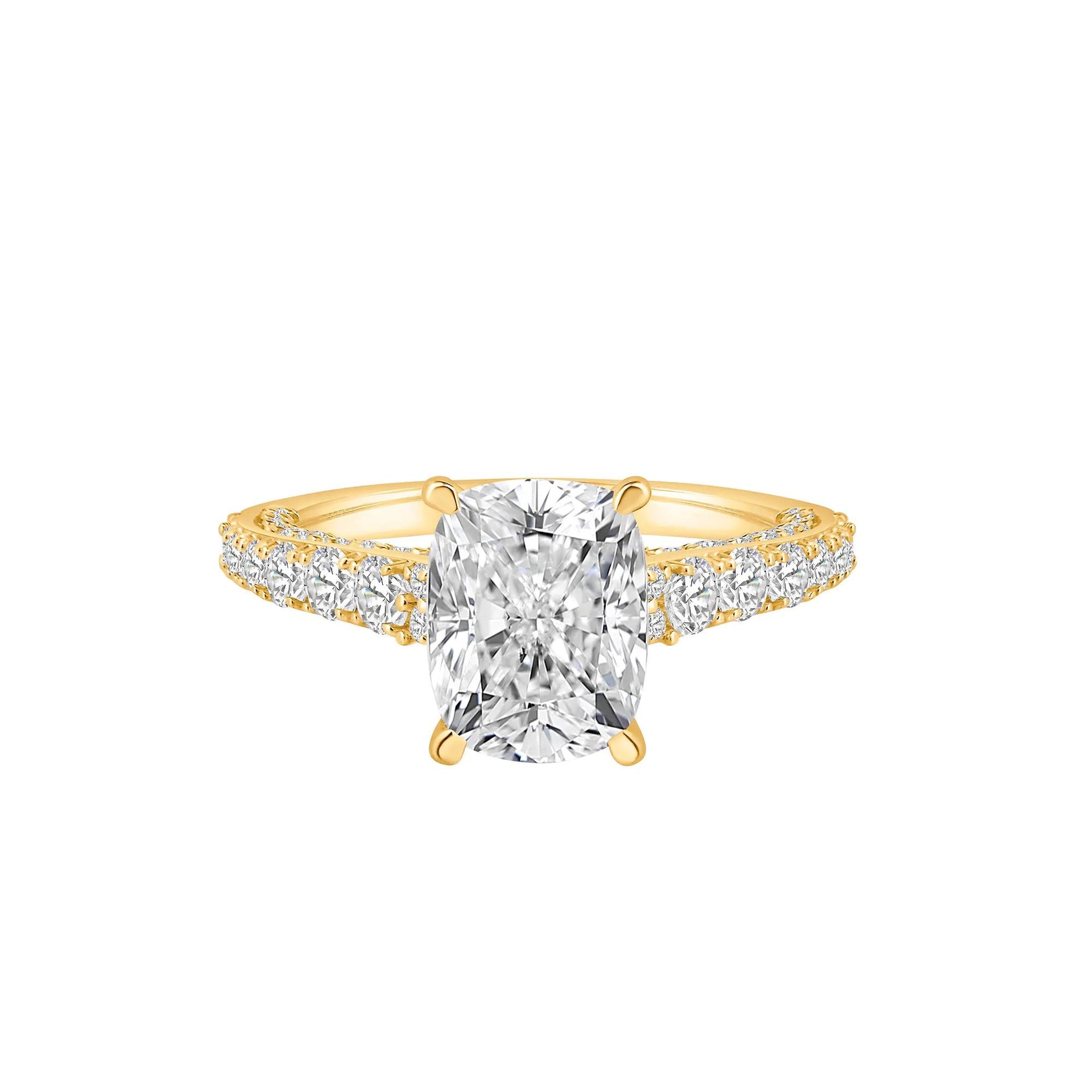4 CT. Tw. Lab Grown Diamond Elongated Cushion Engagement Ring 14K Yellow Gold Round Brilliant Cut Size 8.5 10mm