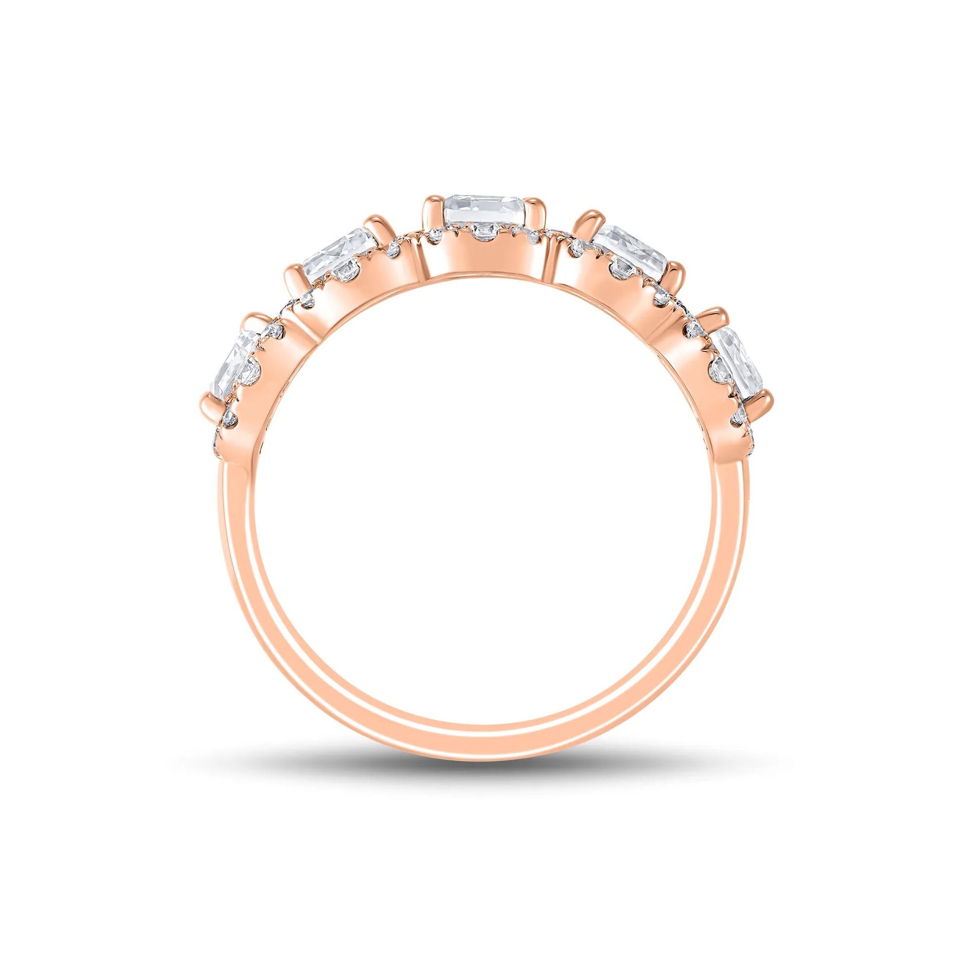 3 CT. Tw. Lab Grown Diamond Emerald-Cut Halo Band Ring 10K Rose Gold Round Brilliant Cut Size 6 1.5mm