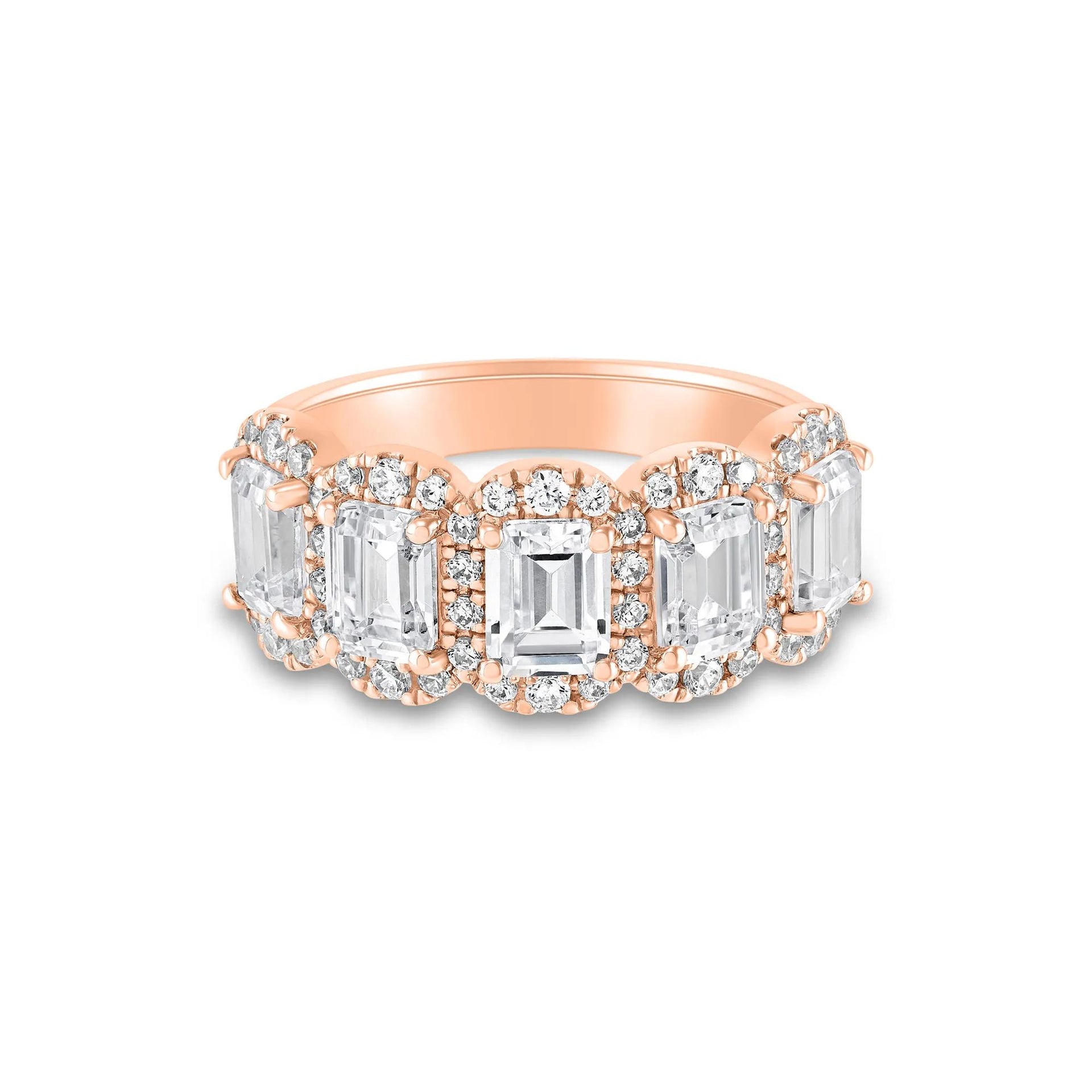 3 CT. Tw. Lab Grown Diamond Emerald-Cut Halo Band Ring 10K Rose Gold Round Brilliant Cut Size 7 1.5mm