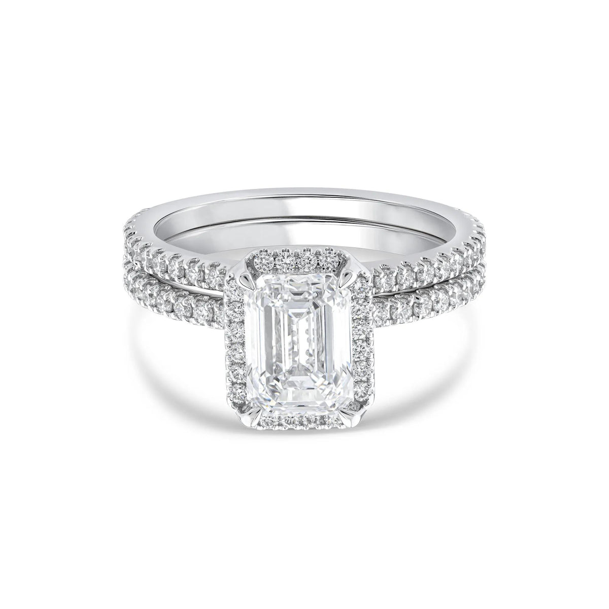 2 3/4 CT. Tw. Lab Grown Diamond Emerald-Cut Halo Bridal Set 14K White Gold Ring Round Brilliant Cut Size 6 1mm