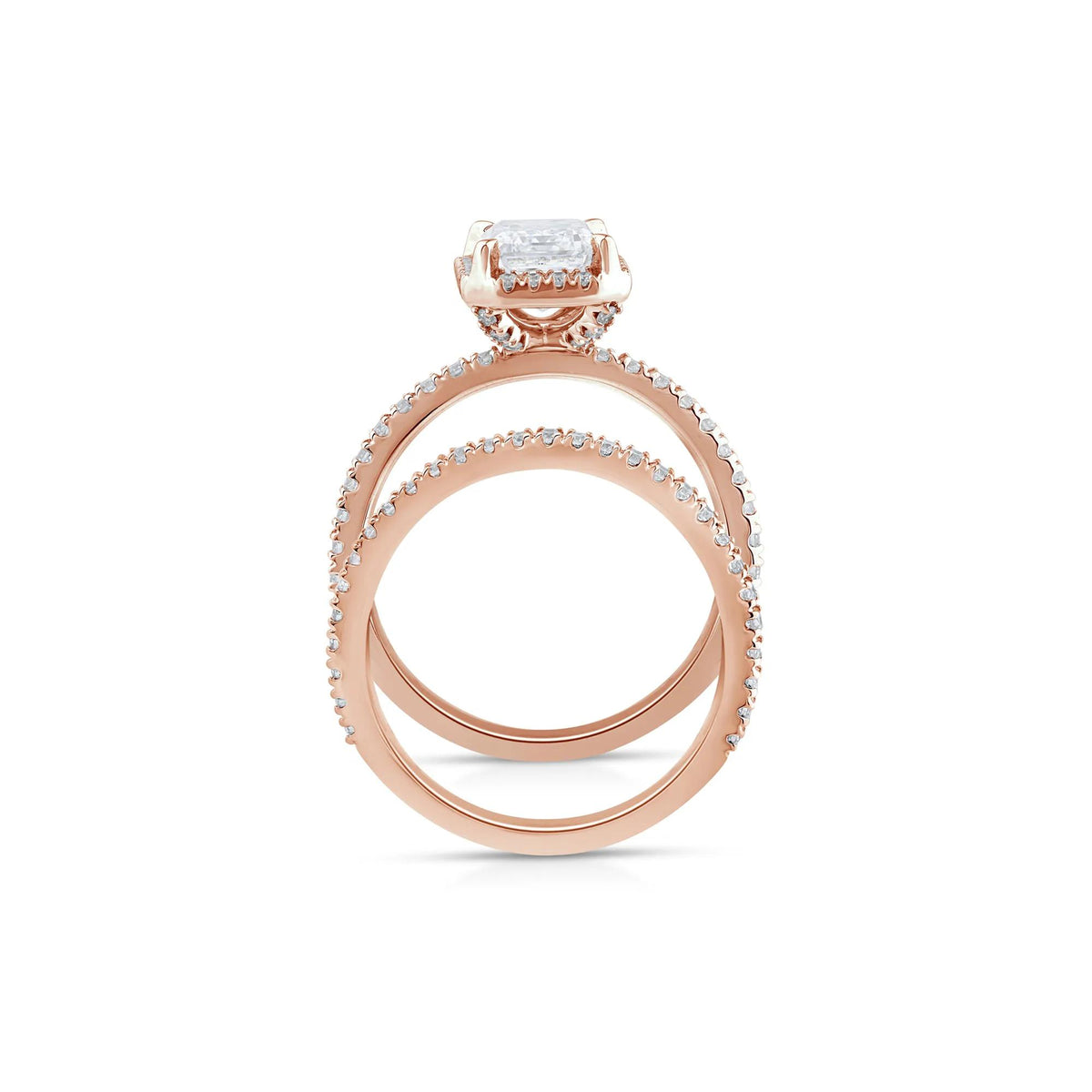 2 3/4 CT. Tw. Lab Grown Diamond Emerald-Cut Halo Bridal Set 14K Rose Gold Ring Round Brilliant Cut Size 8.5 1mm