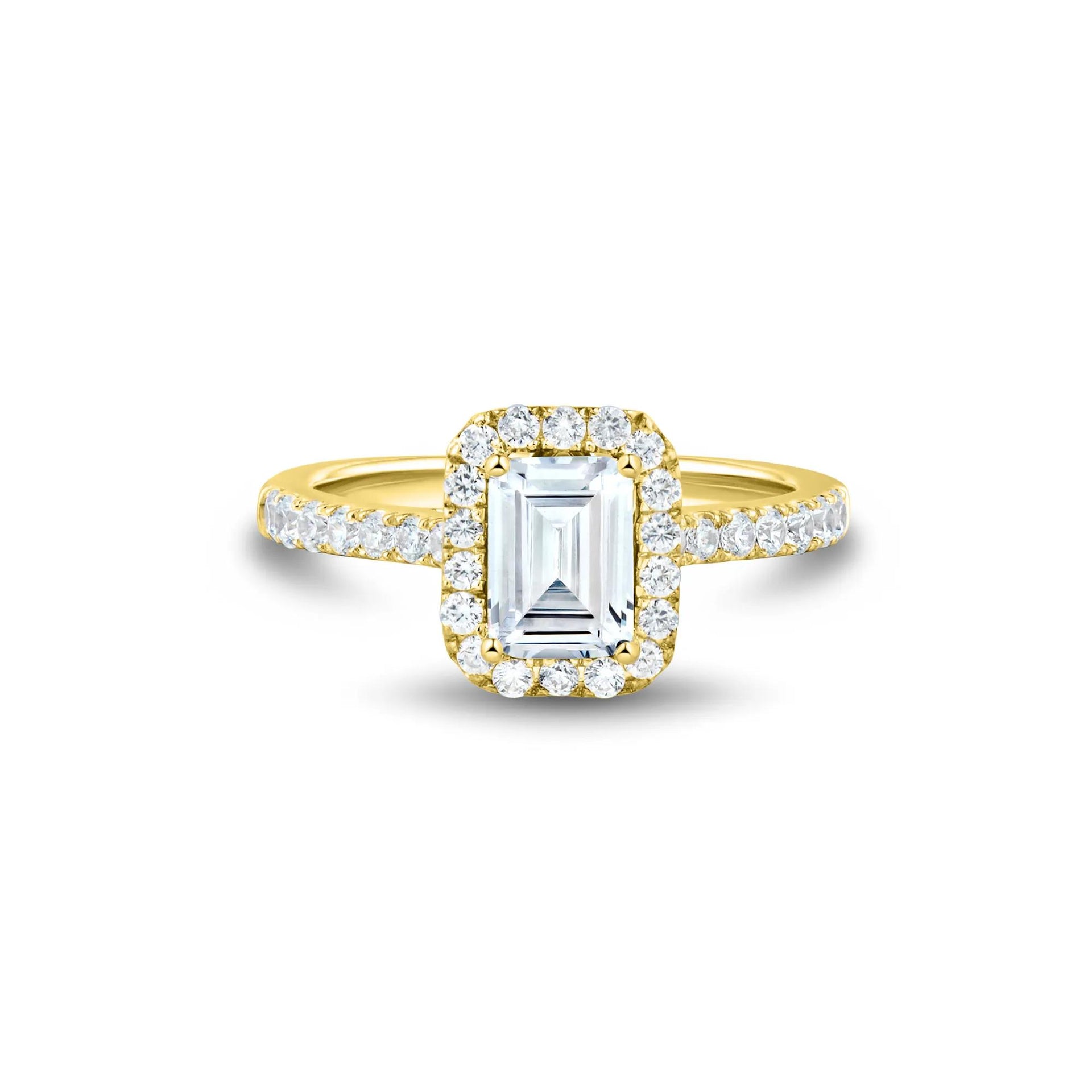 1/2 CT. Tw. Lab Grown Diamond Emerald-Cut Halo Engagement Ring 14K Yellow Gold Size 6.5 1mm