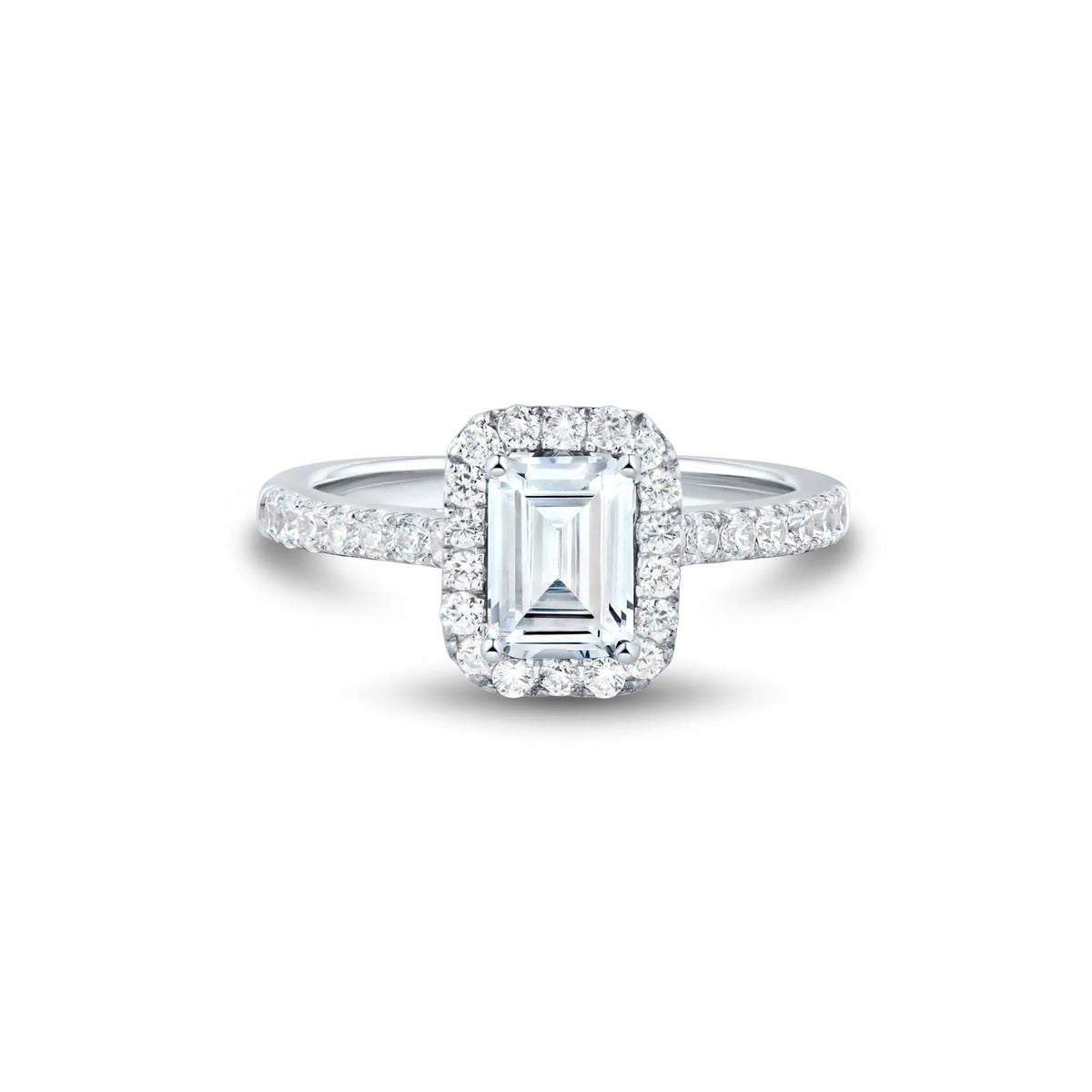 1/2 CT. Tw. Lab Grown Diamond Emerald-Cut Halo Engagement Ring 14K White Gold Round Brilliant Cut Size 8.5 1mm