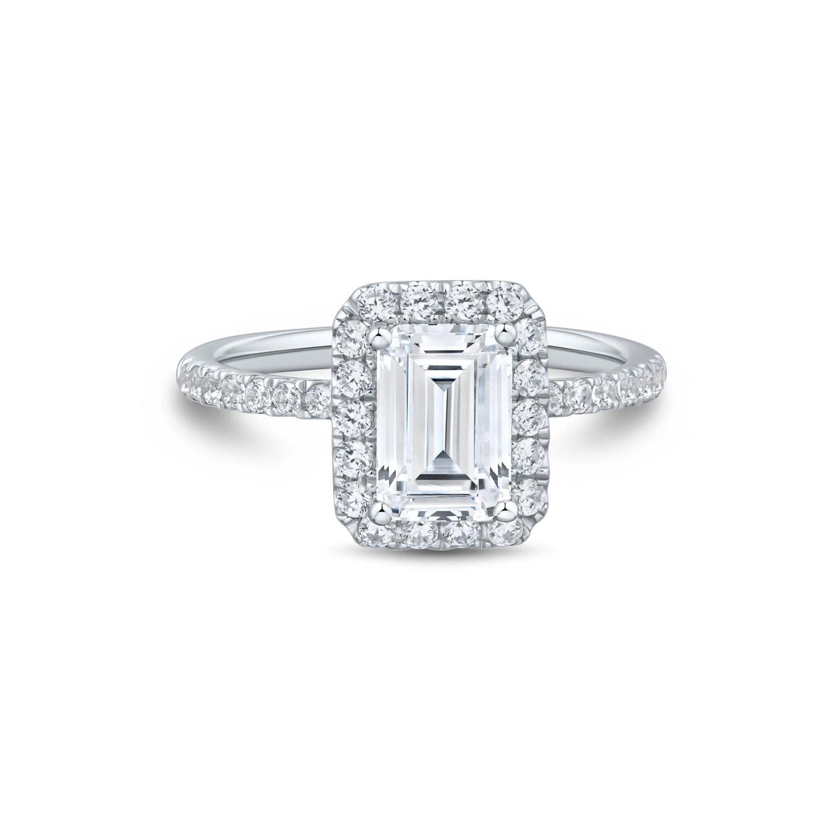 2 CT. Tw. Lab Grown Diamond Emerald-Cut Halo Engagement Ring 14K White Gold Size 9 1.5mm