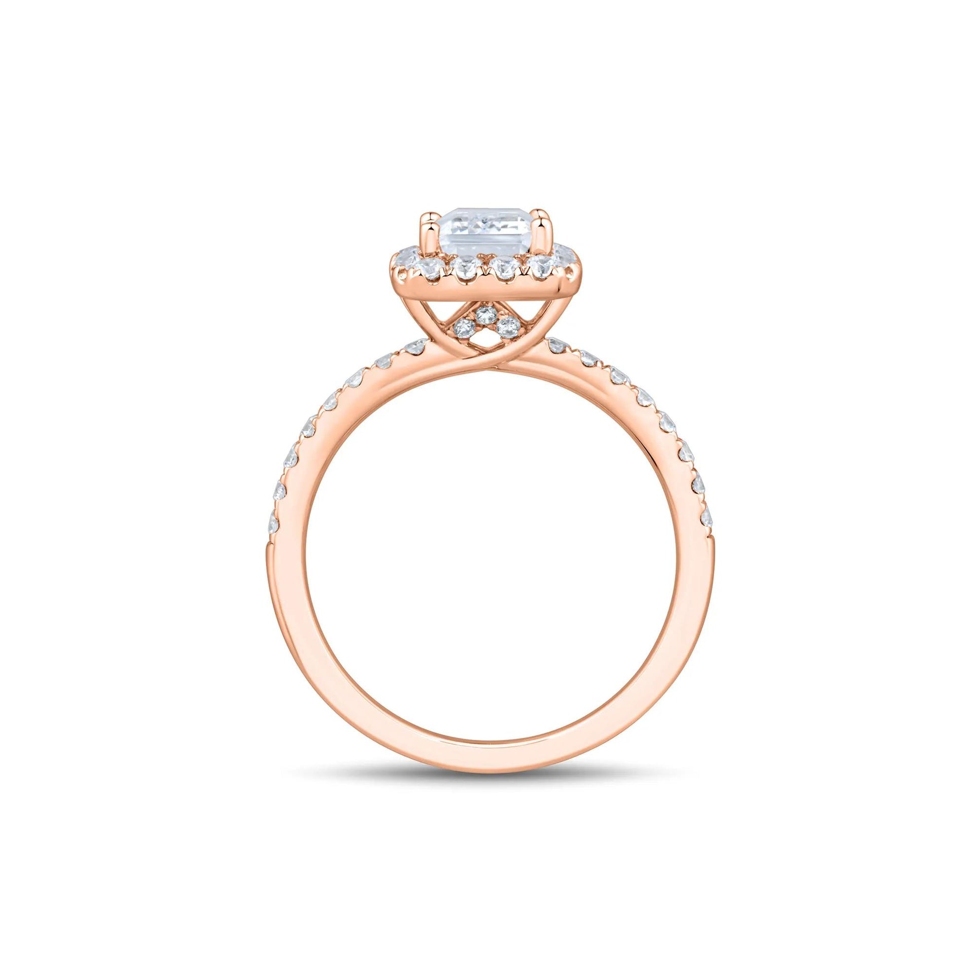 2 CT. Tw. Lab Grown Diamond Emerald-Cut Halo Engagement Ring 14K Rose Gold Size 6 1.5mm