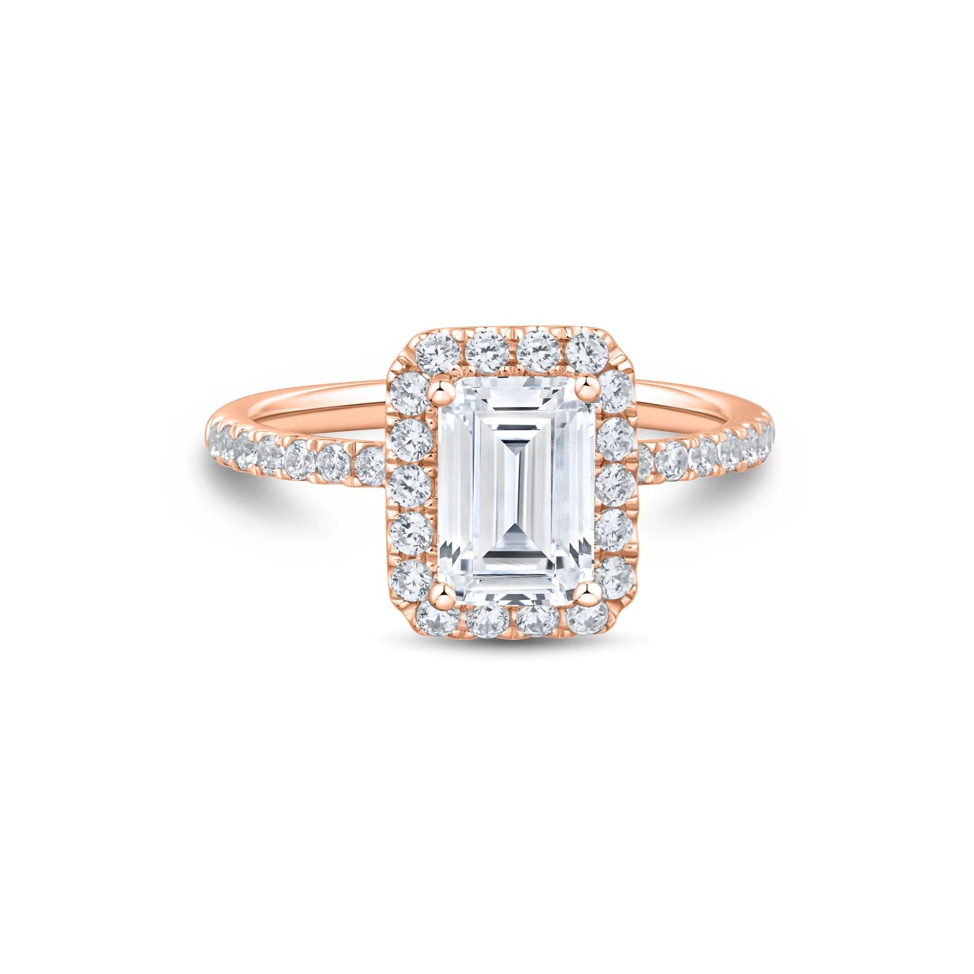 2 CT. Tw. Lab Grown Diamond Emerald-Cut Halo Engagement Ring 14K Rose Gold Size 6 1.5mm