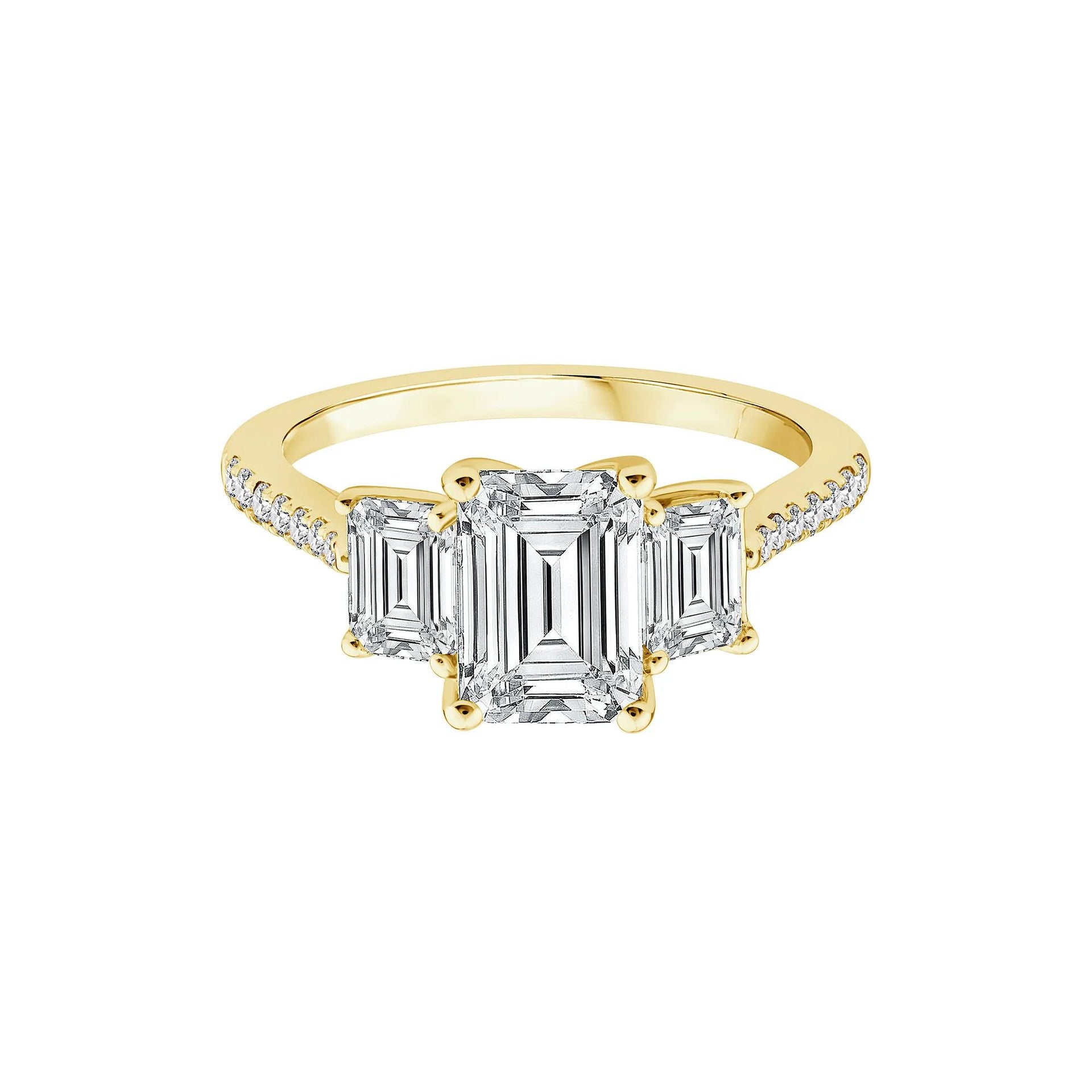 3 1/4 CT. Tw. Lab Grown Diamond Emerald-Cut Three Stone Engagement Ring 14K Yellow Gold Size 5.5
