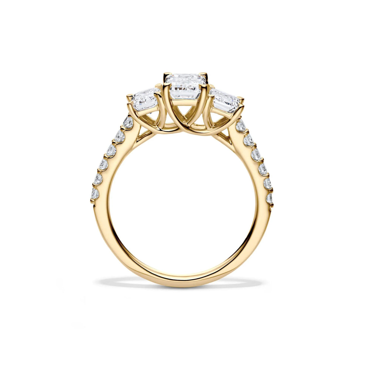 2 CT. Tw. Lab Grown Diamond Emerald-Cut Three Stone Ring 14K Yellow Gold Round Brilliant Cut Size 9