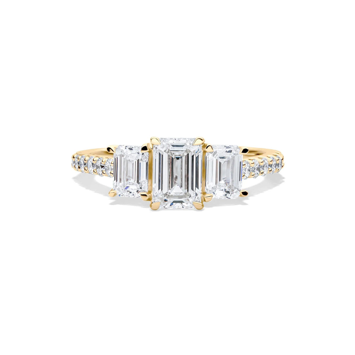 2 CT. Tw. Lab Grown Diamond Emerald-Cut Three Stone Ring 14K Yellow Gold Round Brilliant Cut Size 9