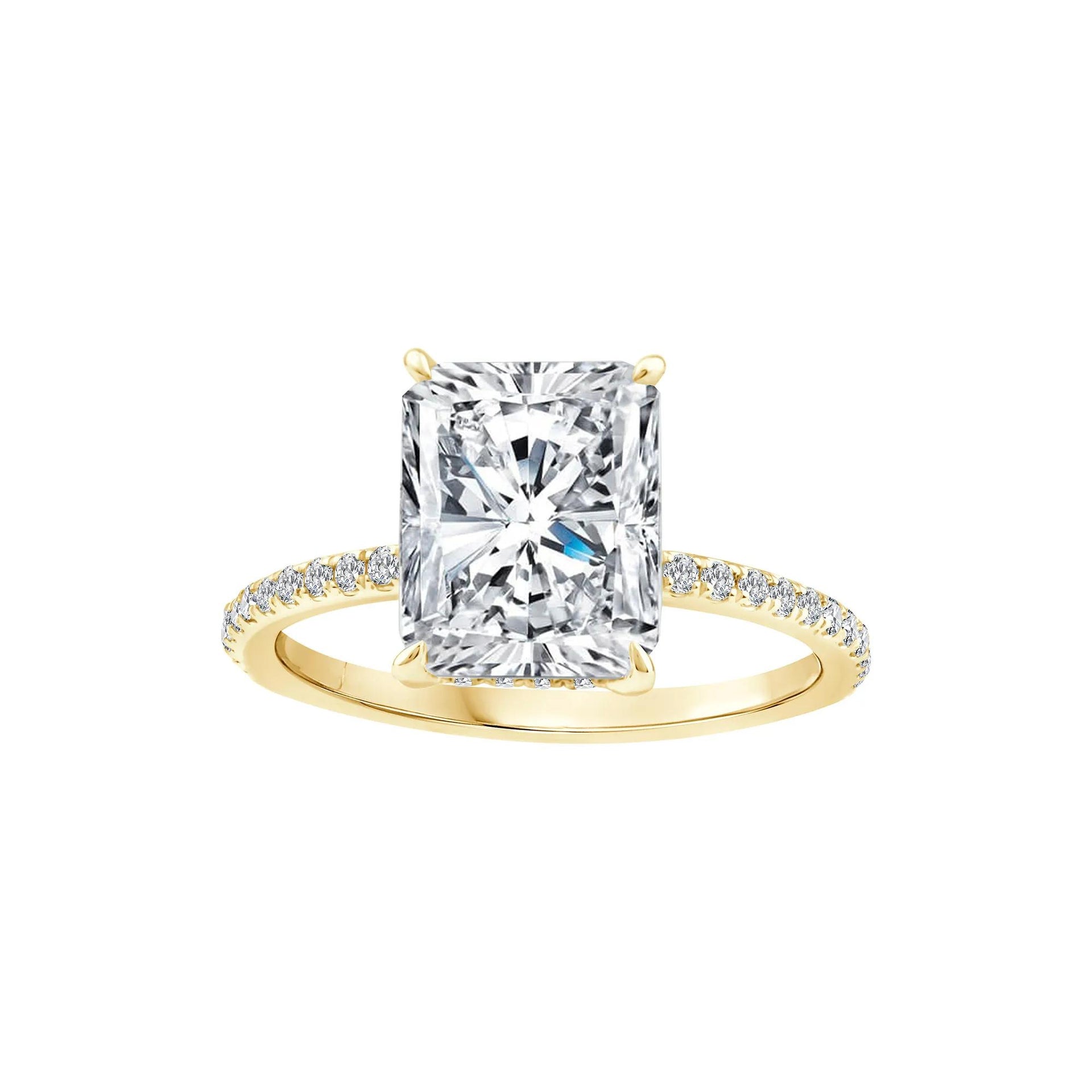 3 1/4 CT. Tw. Lab Grown Diamond Radiant-Cut Engagement Ring 14K Yellow Gold Round Brilliant Cut Size 8 1mm