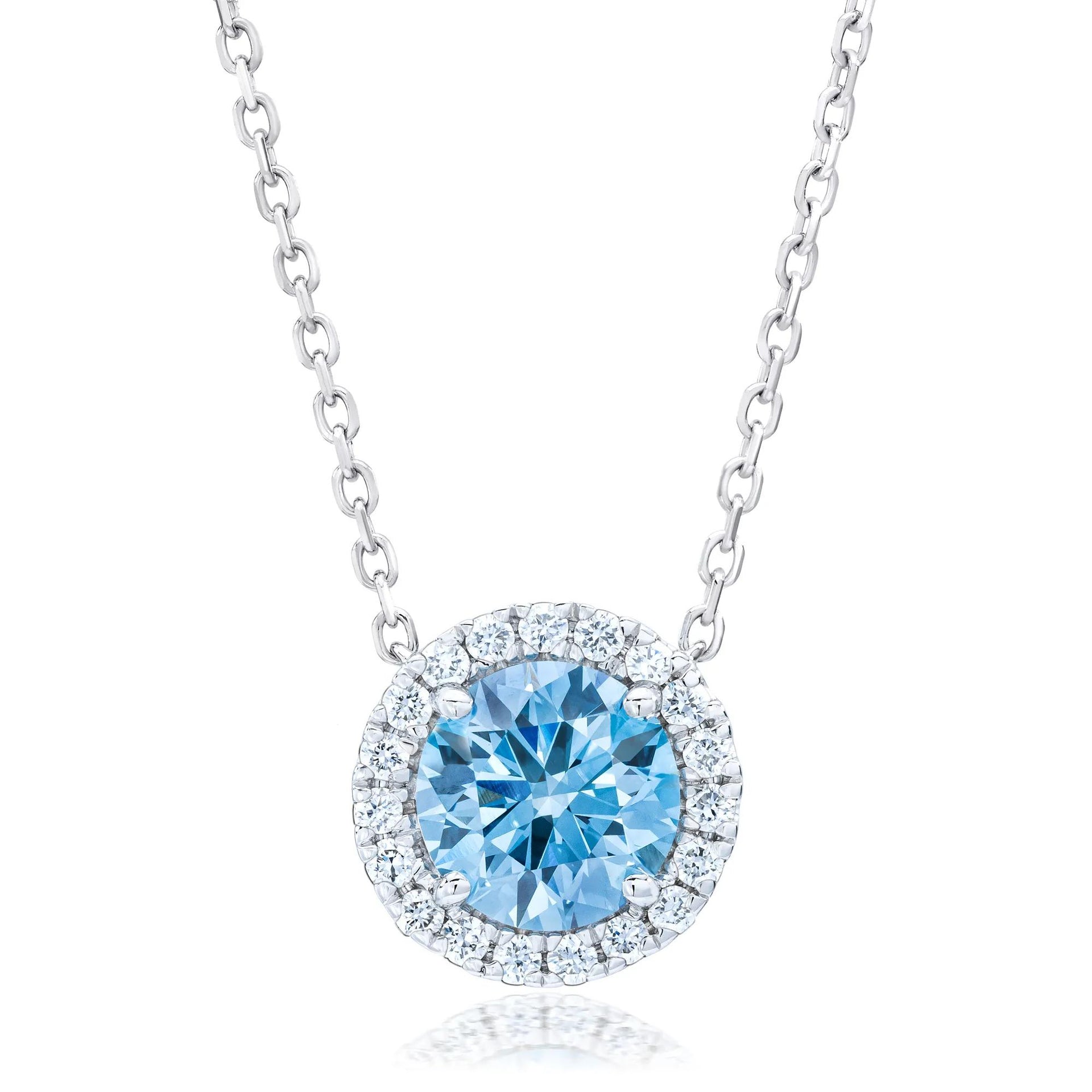 1/7 CT. Tw. Lab Grown Diamond Fancy Blue Halo Pendant Necklace 14K White Gold Size 18"