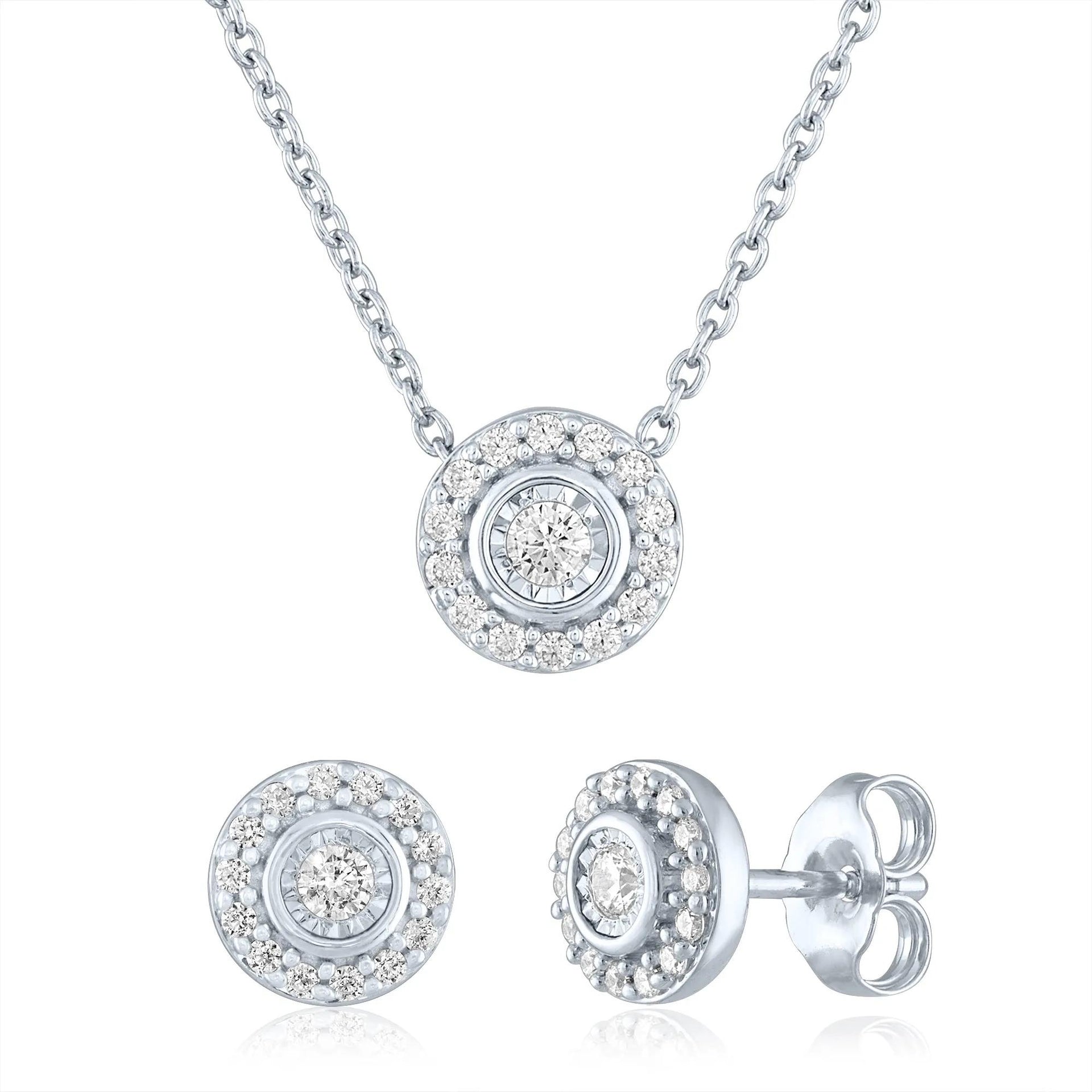 1/3 CT. Tw. Lab Grown Diamond Halo Illusion Stud Earrings & Pendant Set .925 Sterling Silver White Size 18"